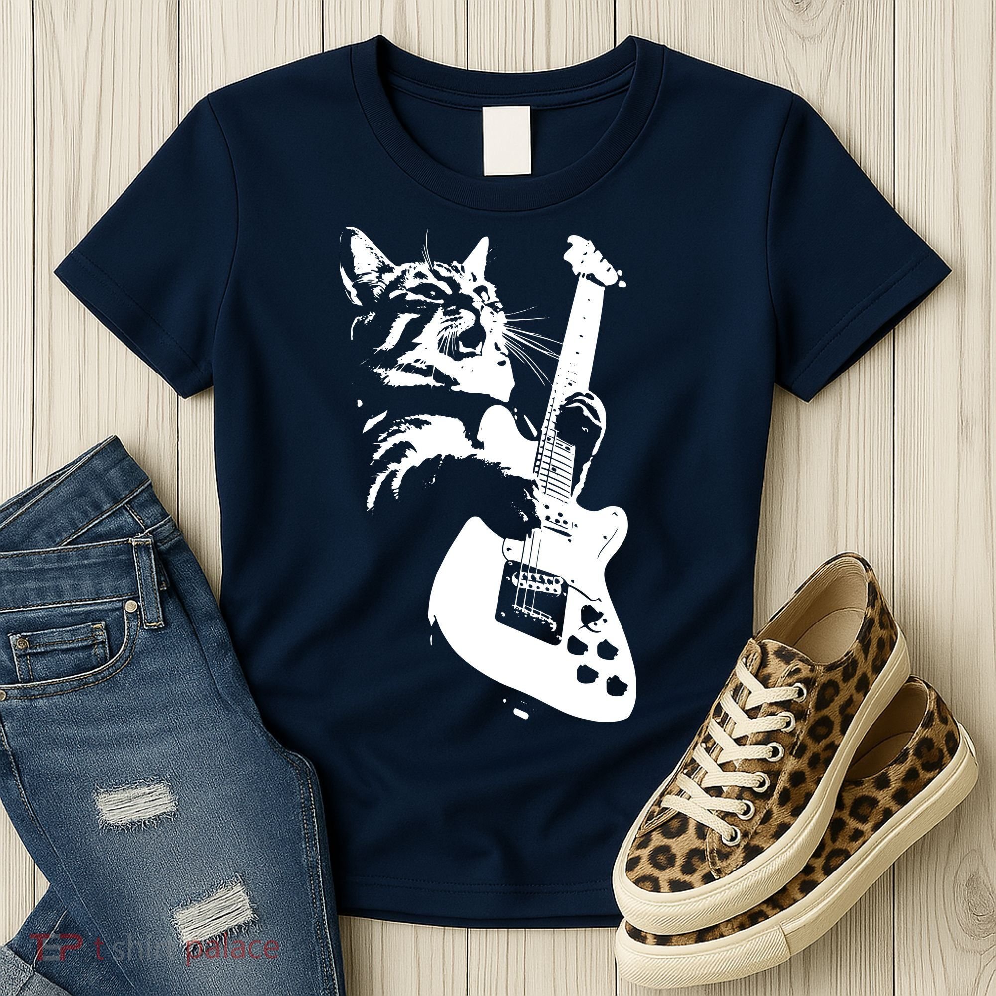 Rock Cat Playing Guitar Funny Guitar Cat Women's T-Shirt