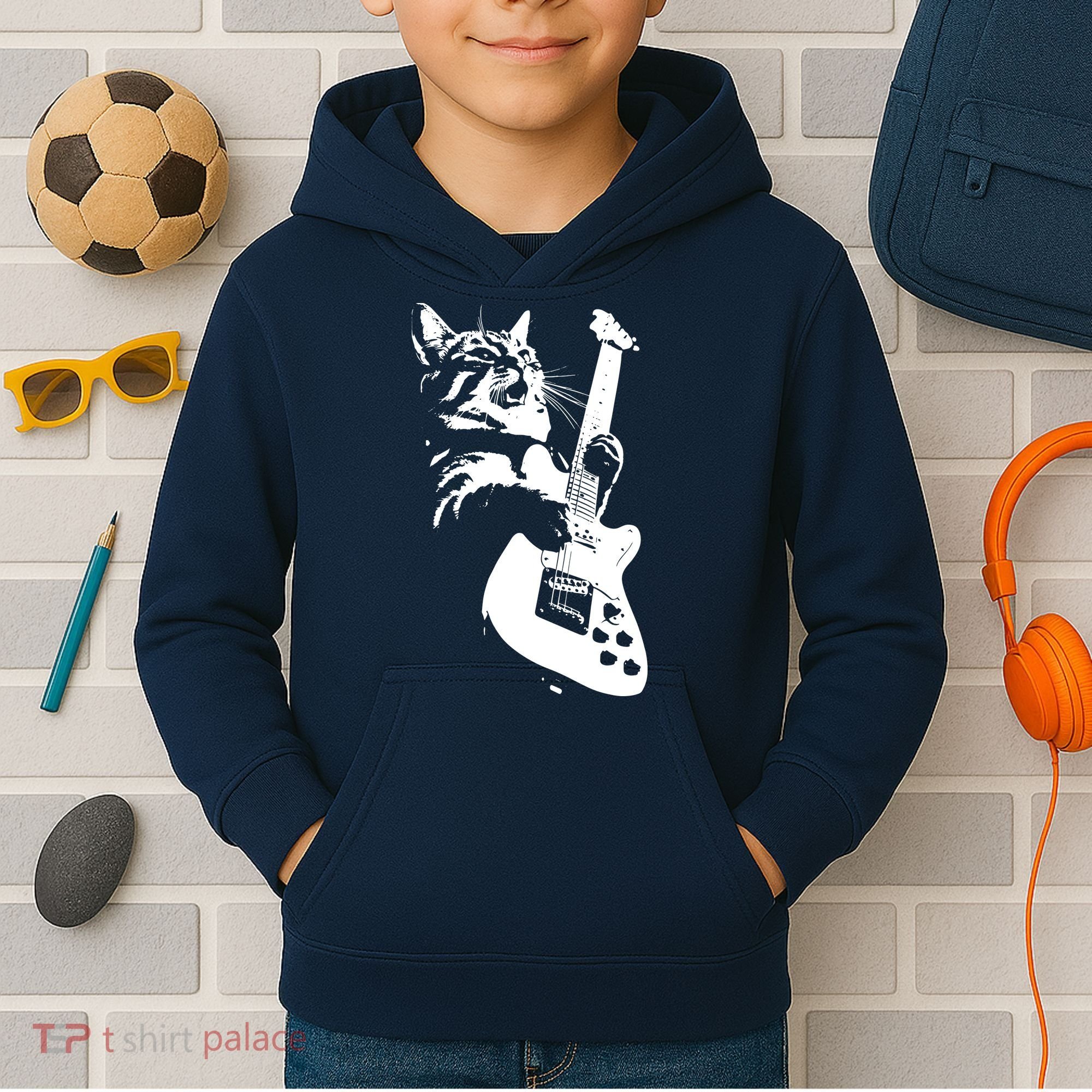 Rock Cat Playing Guitar Funny Guitar Cat Kids Hoodie