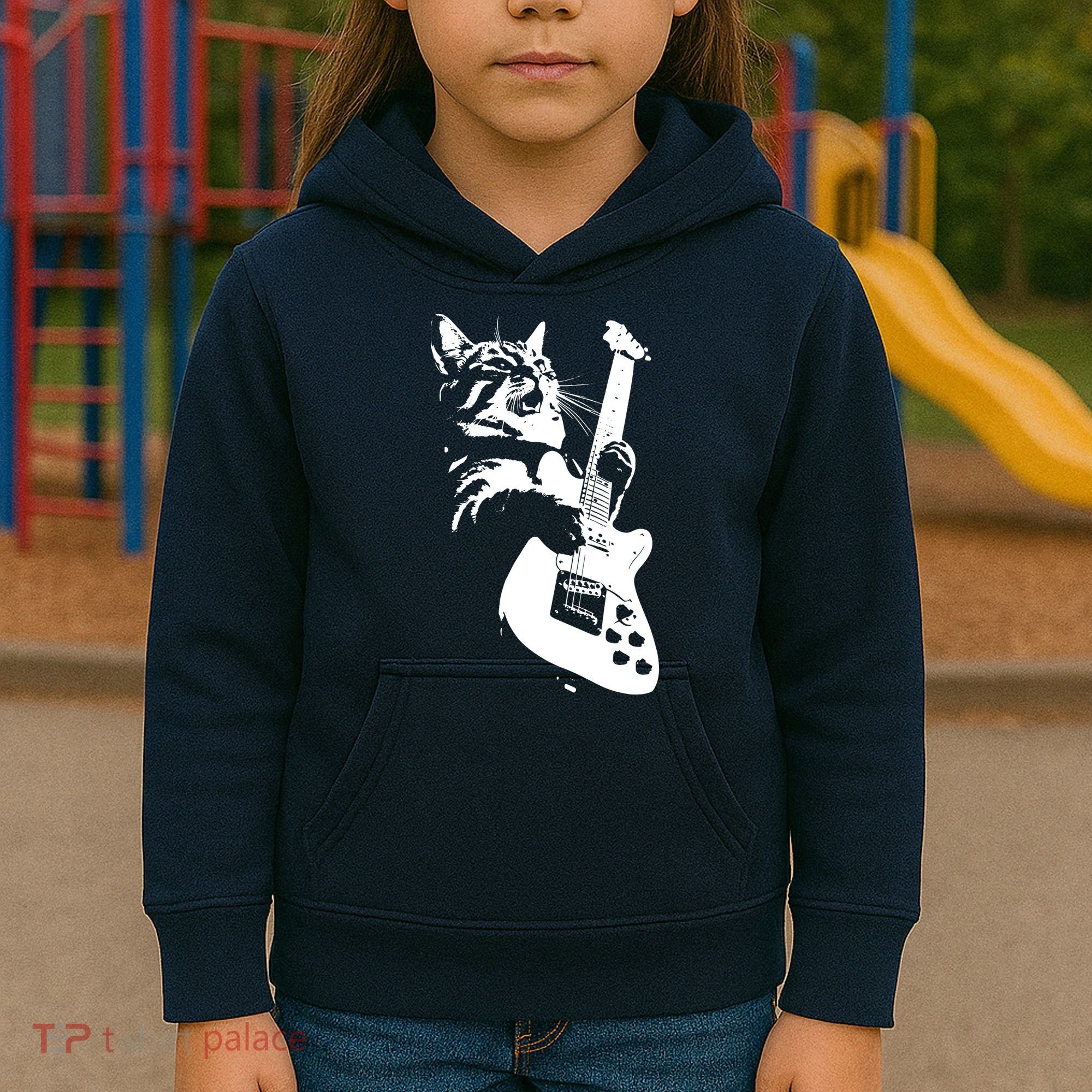 Rock Cat Playing Guitar Funny Guitar Cat Kids Hoodie