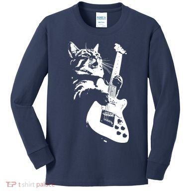 Rock Cat Playing Guitar Funny Guitar Cat Kids Long Sleeve Shirt