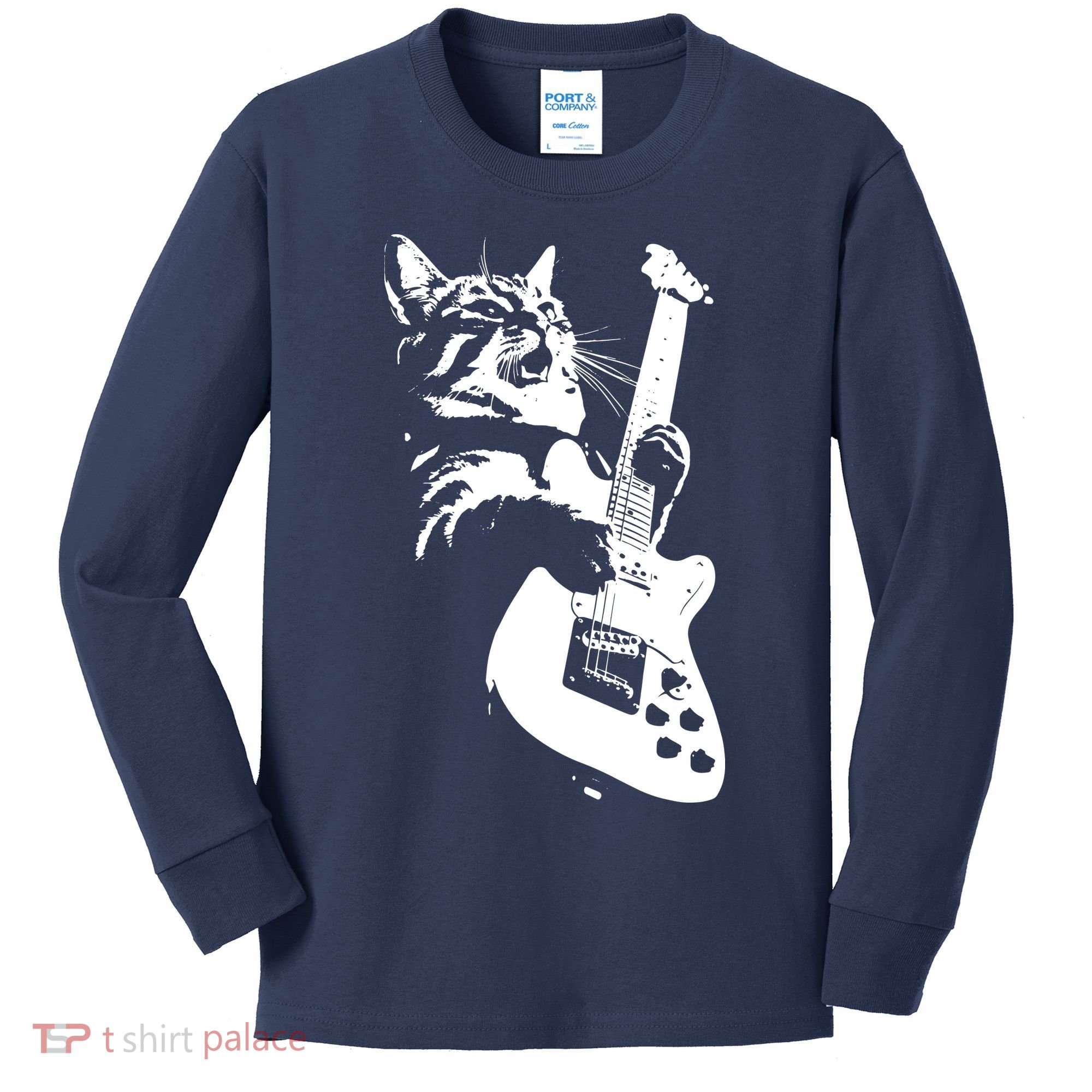 Rock Cat Playing Guitar Funny Guitar Cat Kids Long Sleeve Shirt
