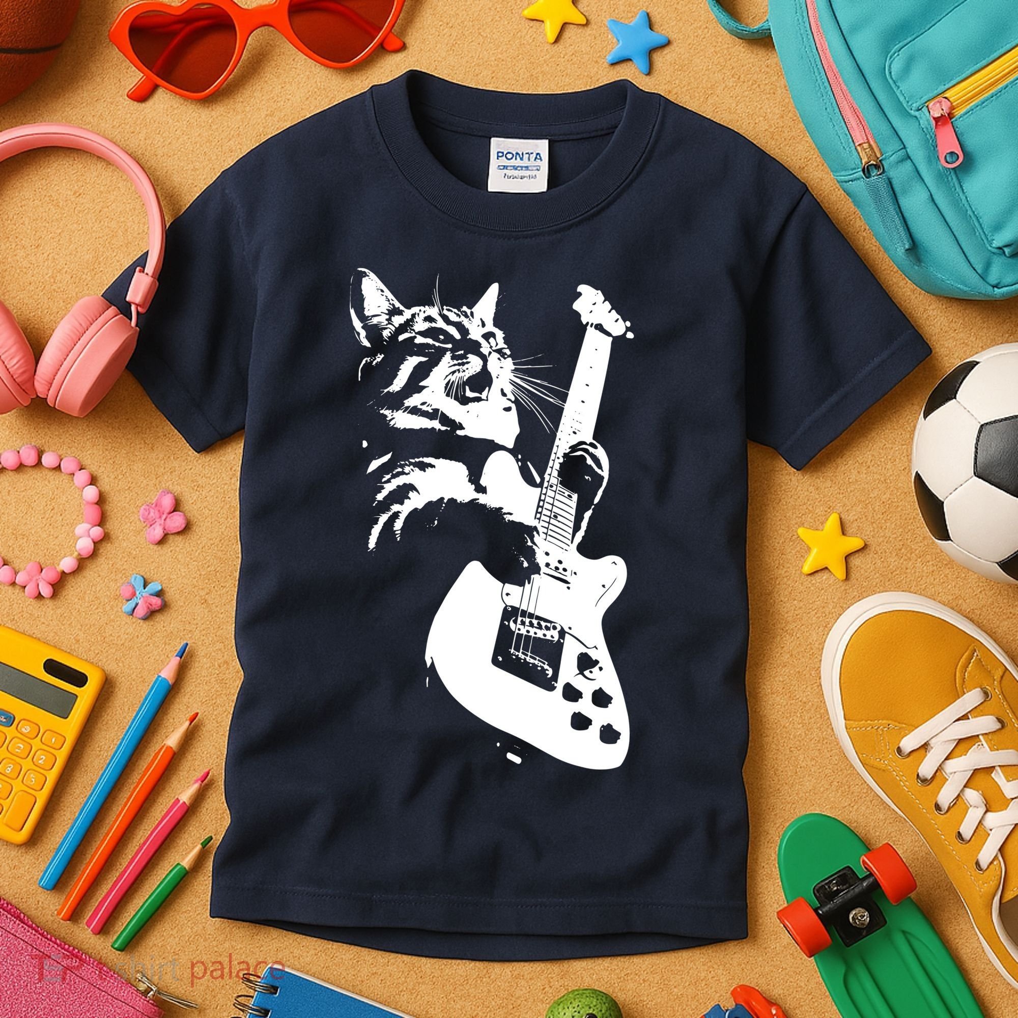 Rock Cat Playing Guitar Funny Guitar Cat Kids T-Shirt