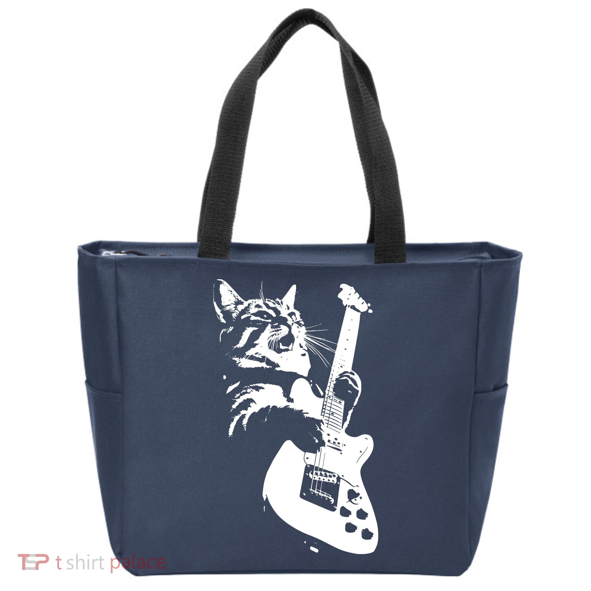 Rock Cat Playing Guitar Funny Guitar Cat Tote Bag