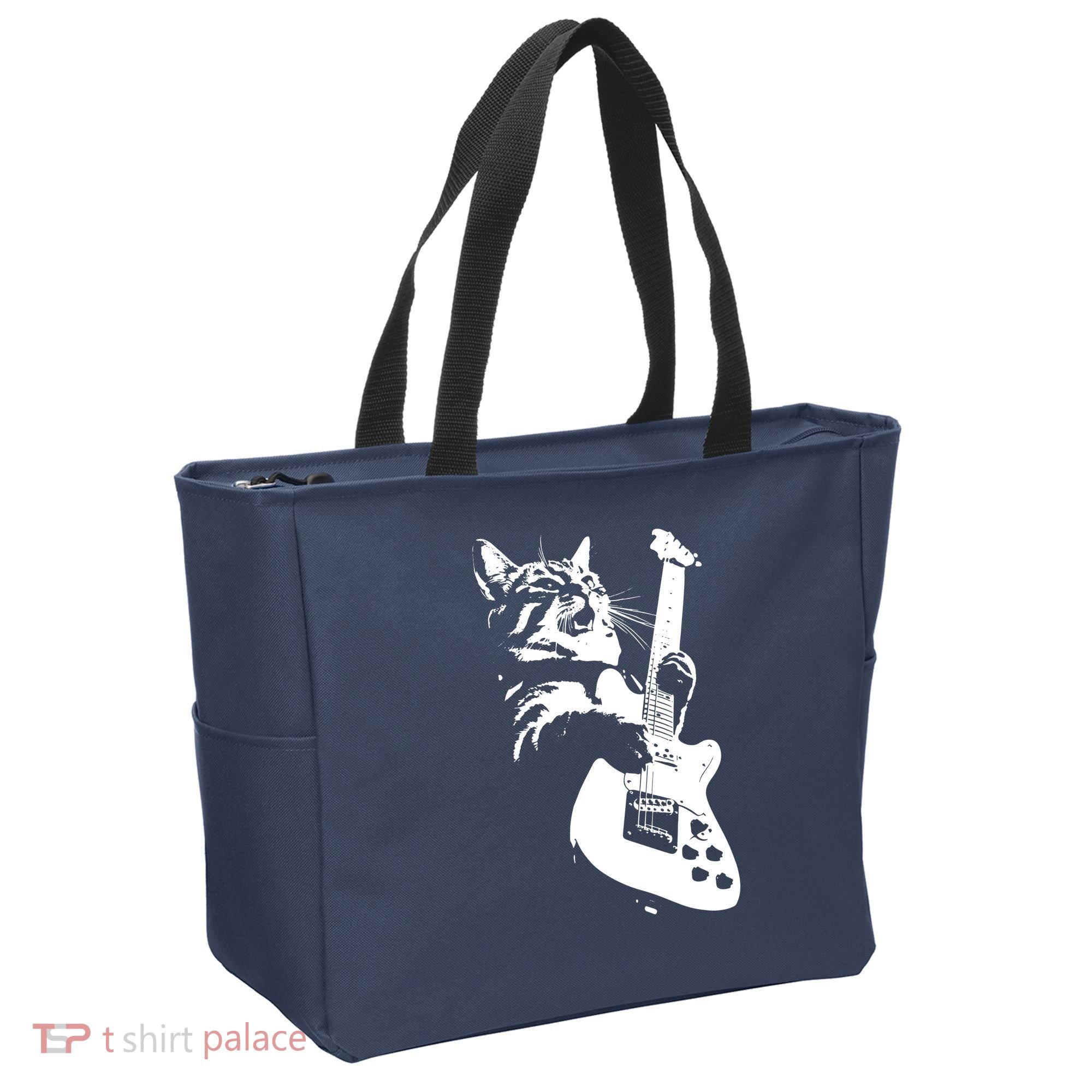 Rock Cat Playing Guitar Funny Guitar Cat Tote Bag