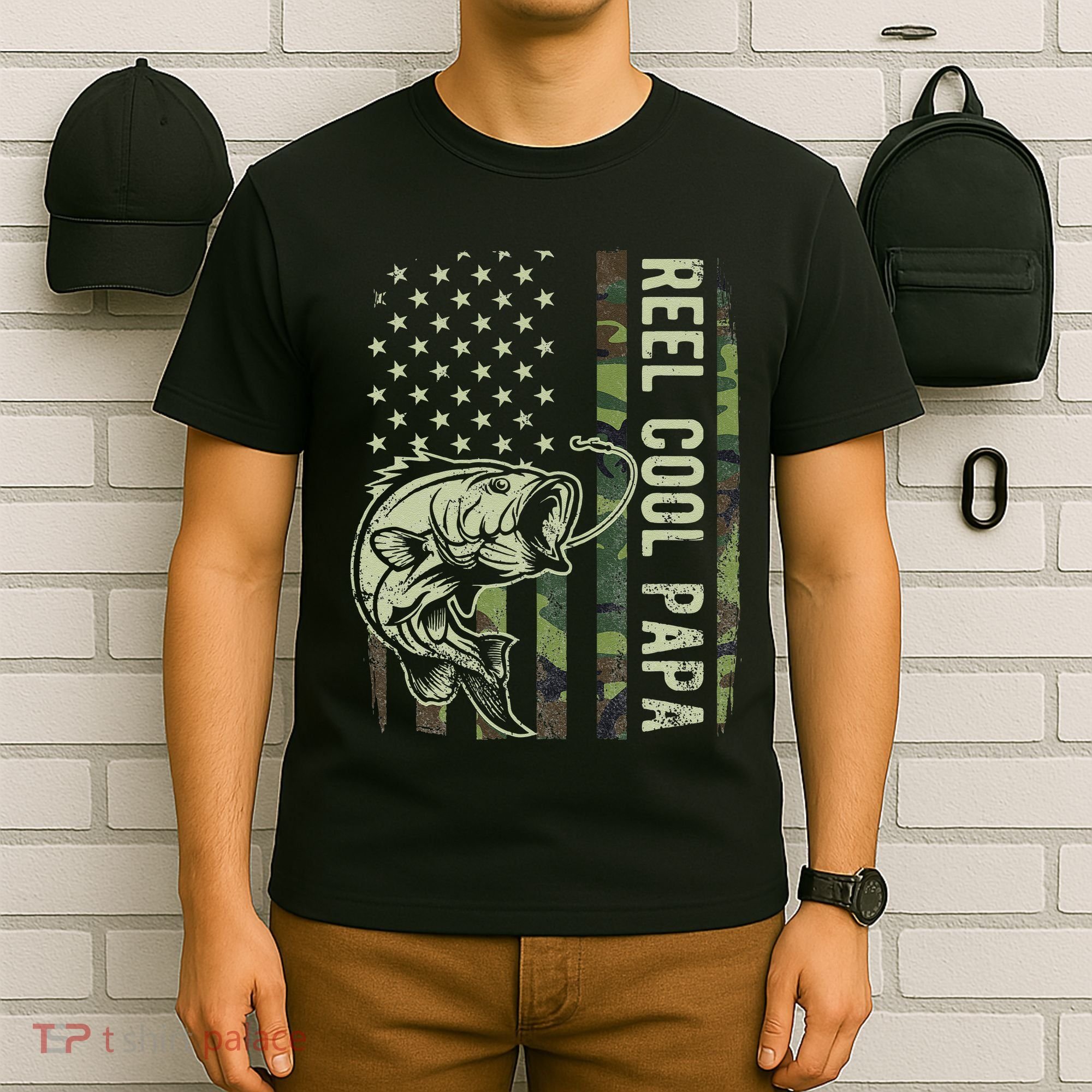Reel Cool Papa Camouflage American Flag Fathers Day T-Shirt