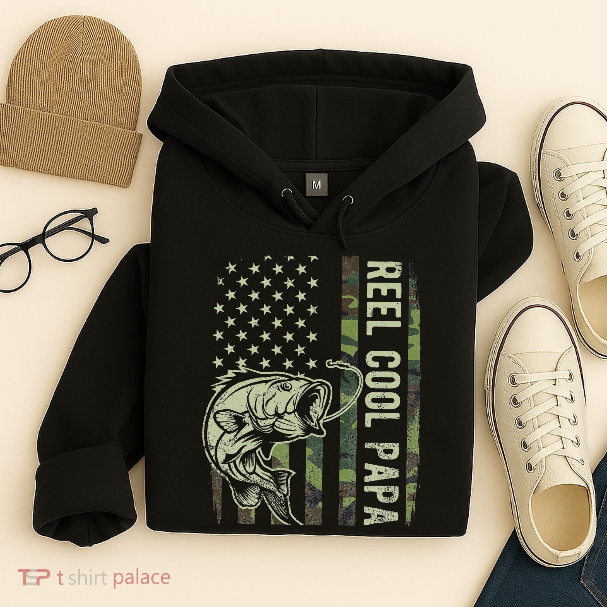 Reel Cool Papa Camouflage American Flag Fathers Day Hoodie