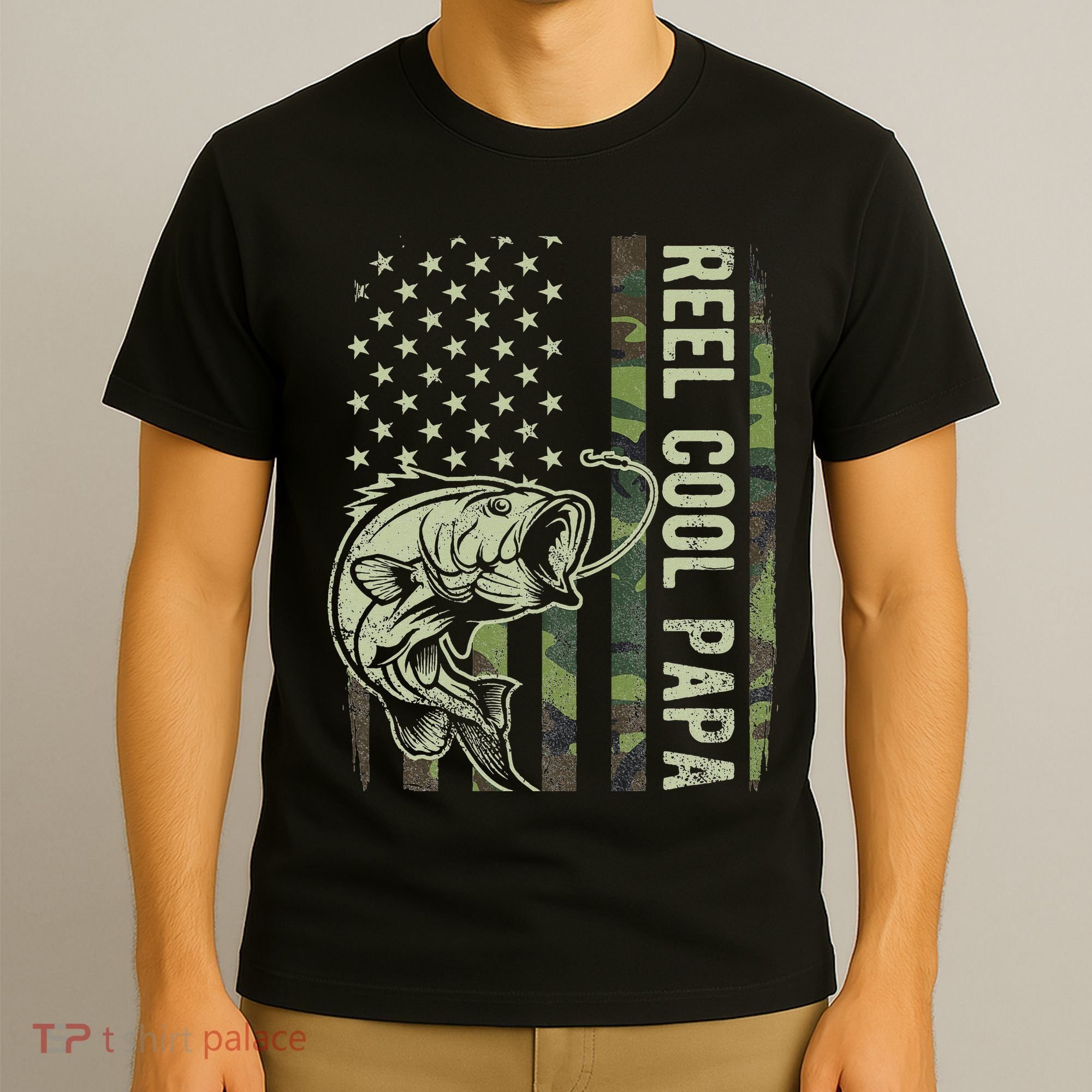 Reel Cool Papa Camouflage American Flag Fathers Day T-Shirt