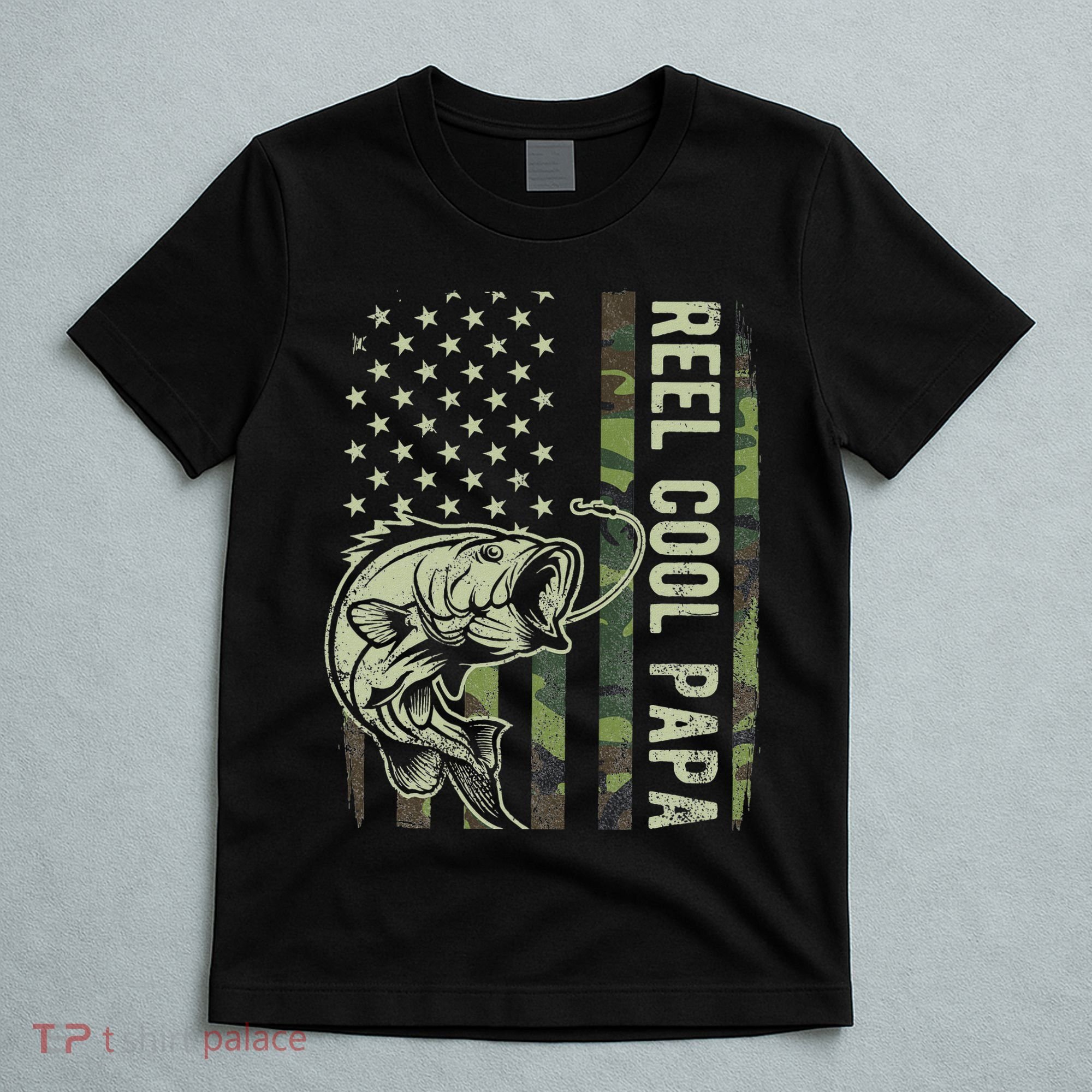Reel Cool Papa Camouflage American Flag Fathers Day T-Shirt