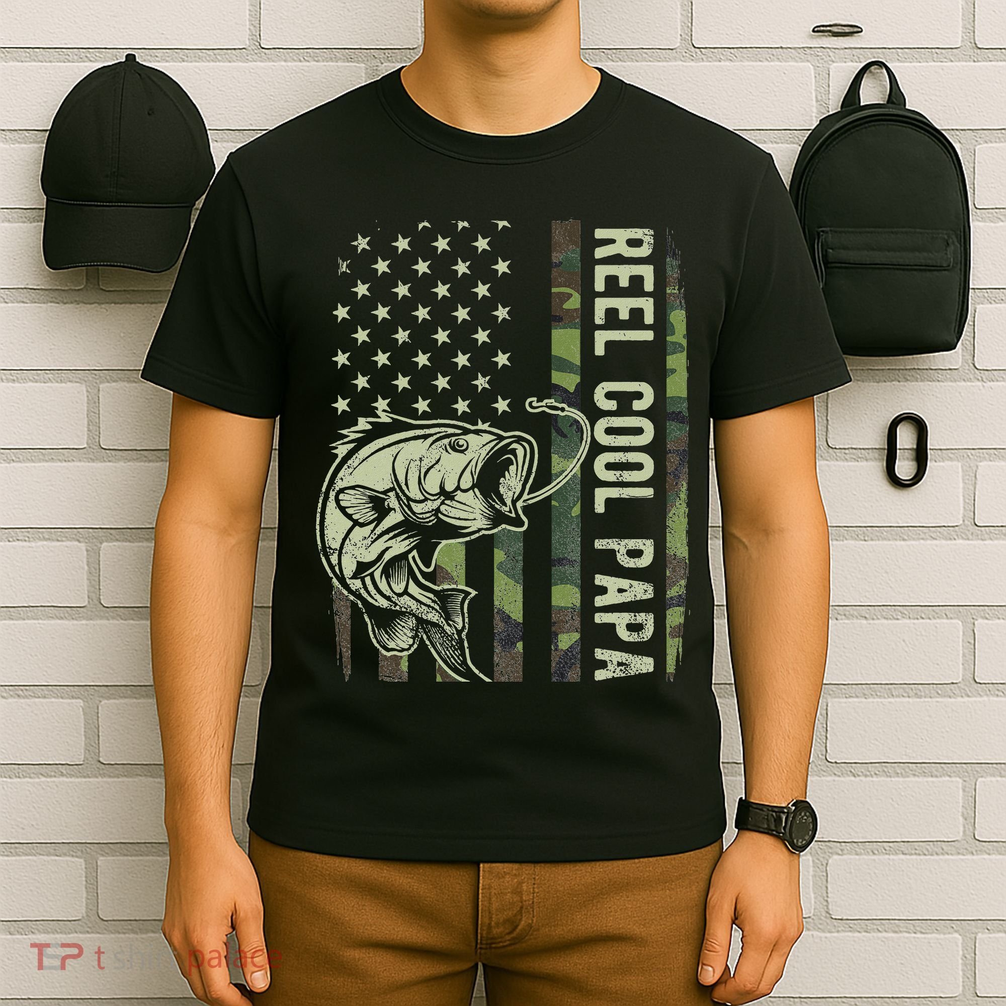 Reel Cool Papa Camouflage American Flag Fathers Day T-Shirt