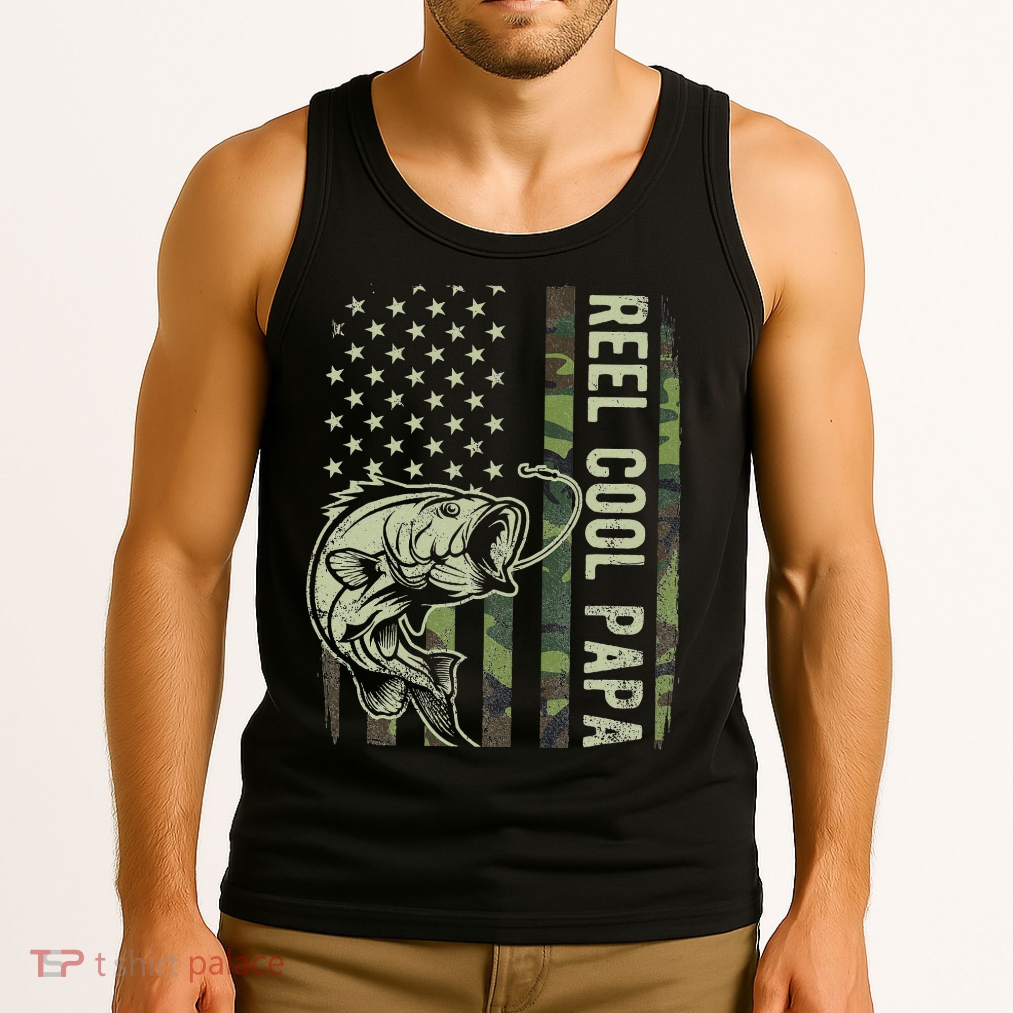 Reel Cool Papa Camouflage American Flag Fathers Day Tank Top