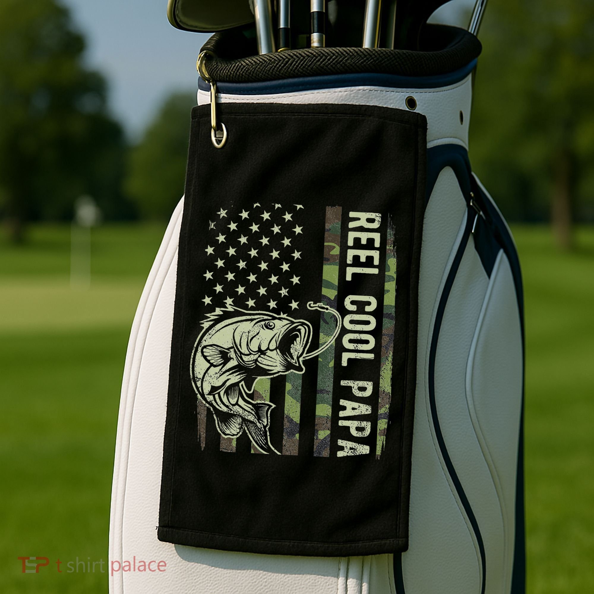 Reel Cool Papa Camouflage American Flag Fathers Day Golf Towel
