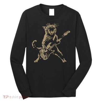 Rock Cat Playing Guitar Funny Guitar Cat Long Sleeve Shirt