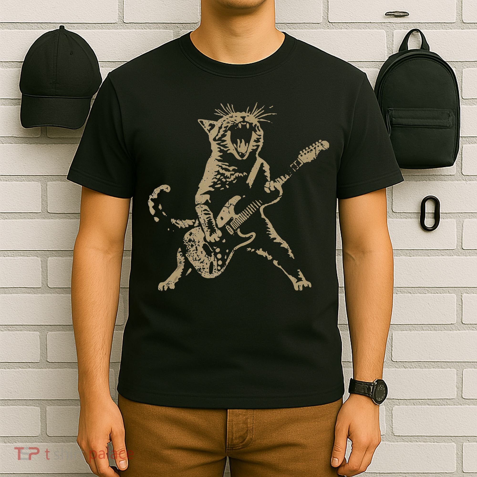 Rock Cat Playing Guitar Funny Guitar Cat T-Shirt