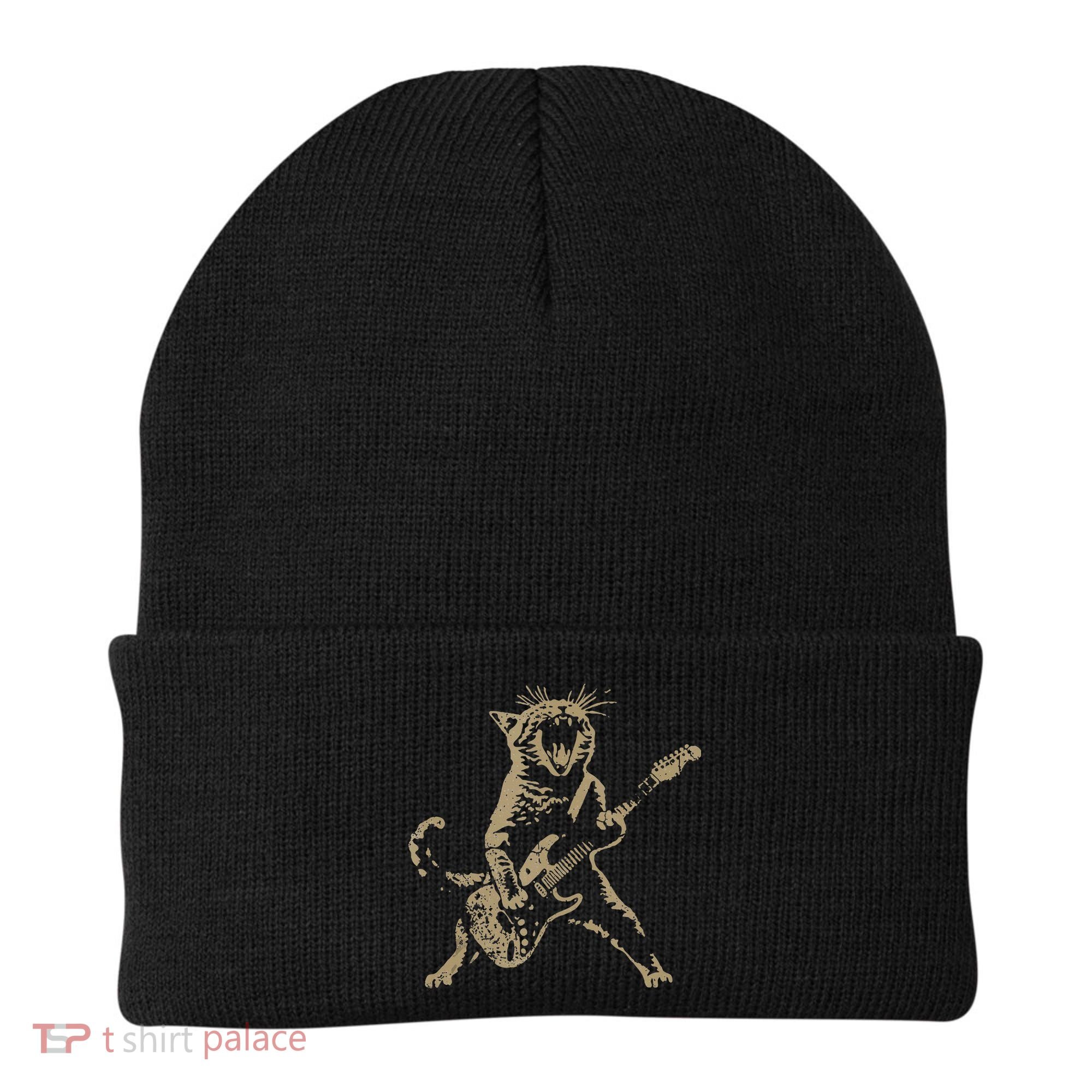 Rock Cat Playing Guitar Funny Guitar Cat Beanie
