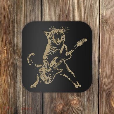 Rock Cat Playing Guitar Funny Guitar Cat Coaster