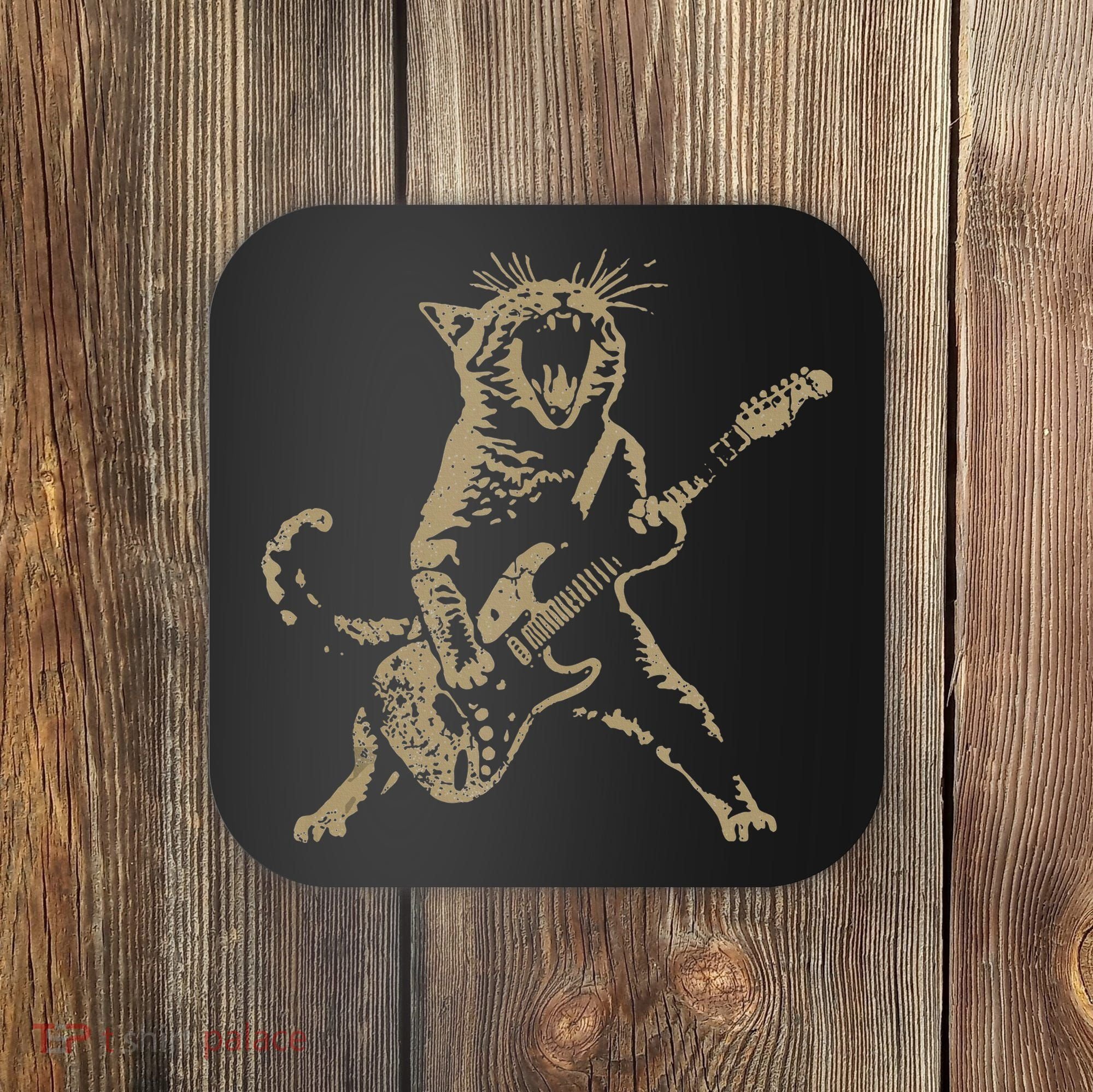 Rock Cat Playing Guitar Funny Guitar Cat Coaster