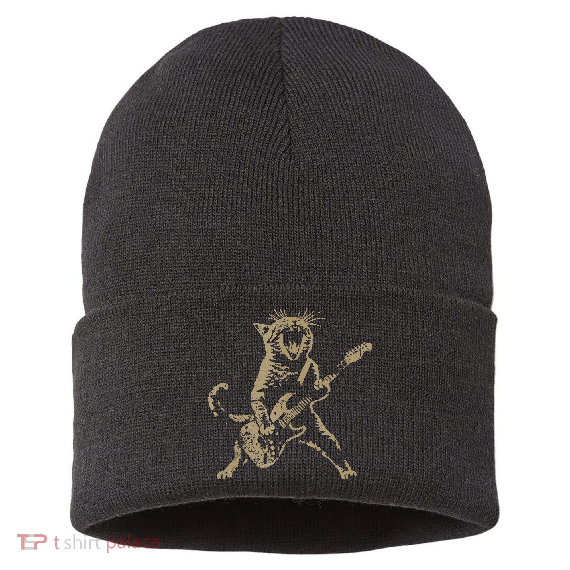 Rock Cat Playing Guitar Funny Guitar Cat Sustainable Knit Beanie