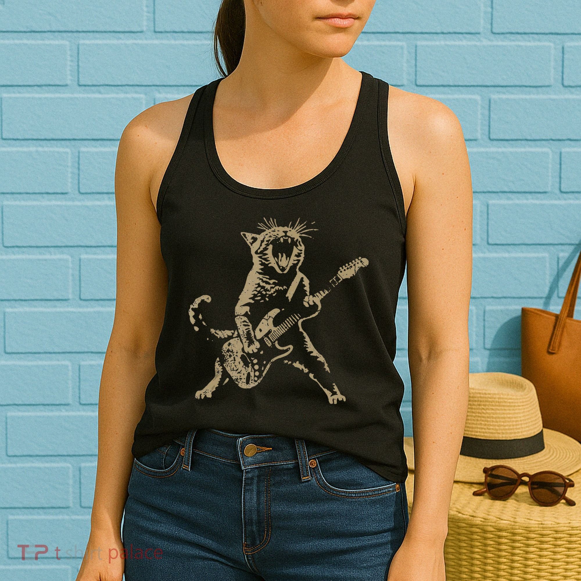 Rock Cat Playing Guitar Funny Guitar Cat Women's Tank Top