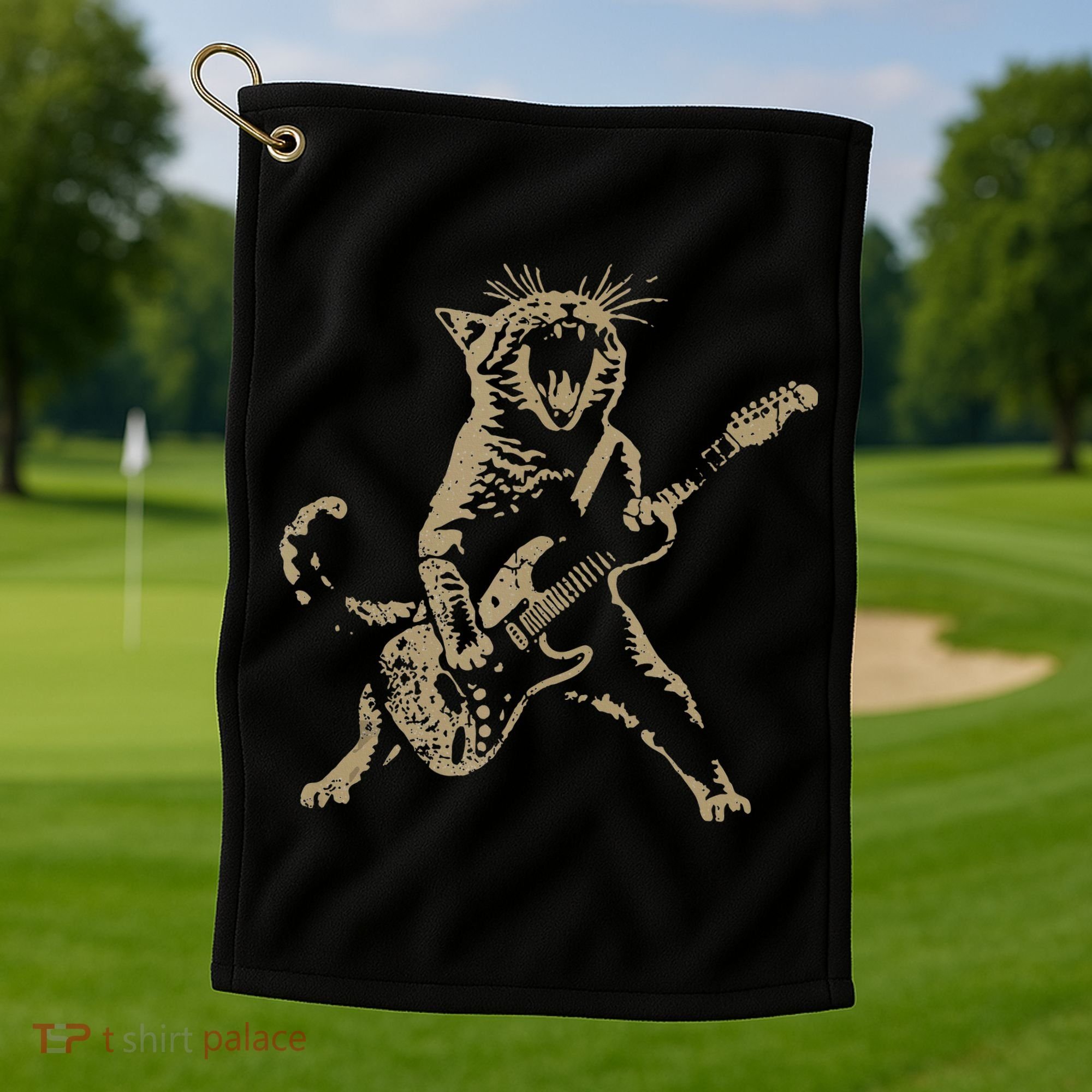 Rock Cat Playing Guitar Funny Guitar Cat Golf Towel