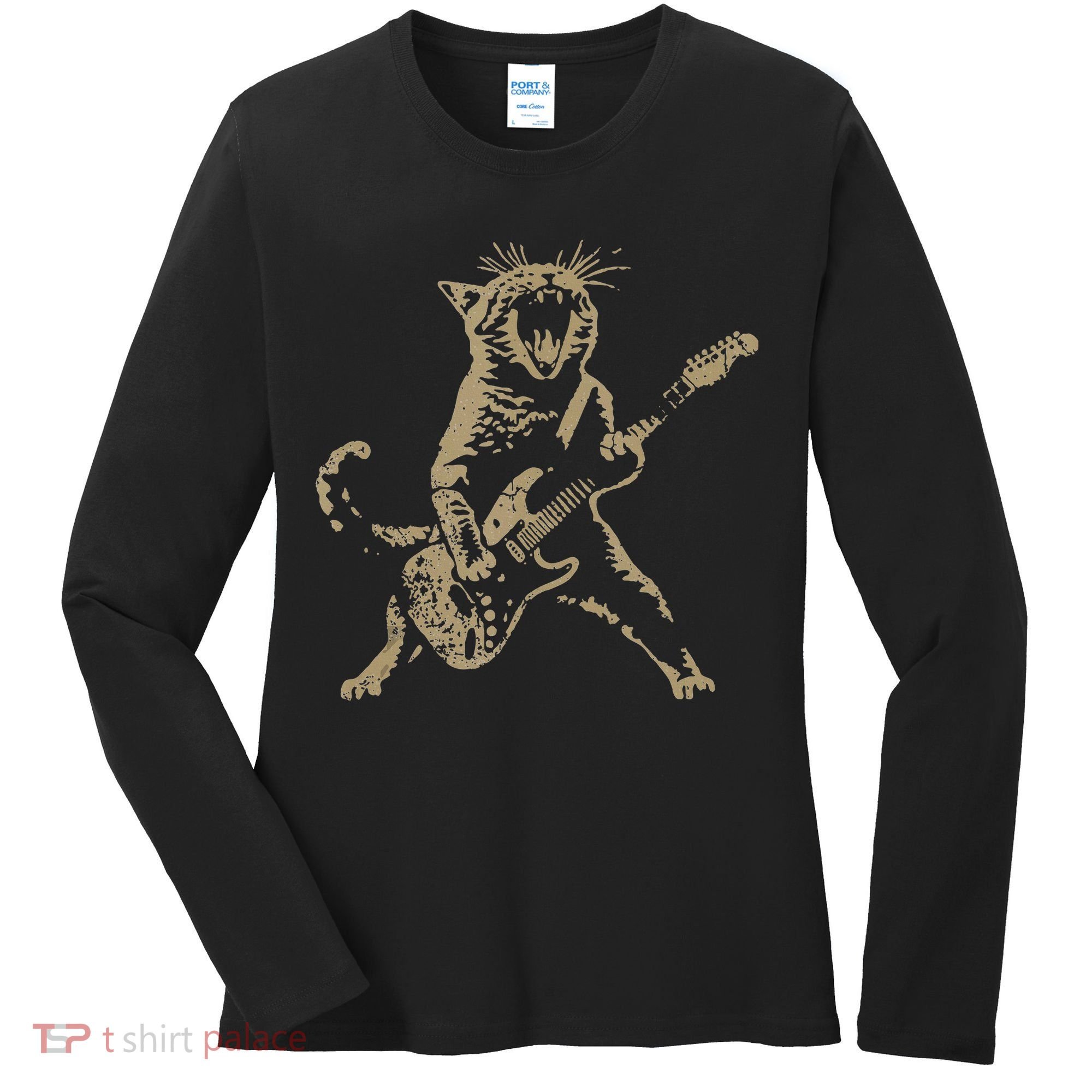 Rock Cat Playing Guitar Funny Guitar Cat Women's Long Sleeve Shirt
