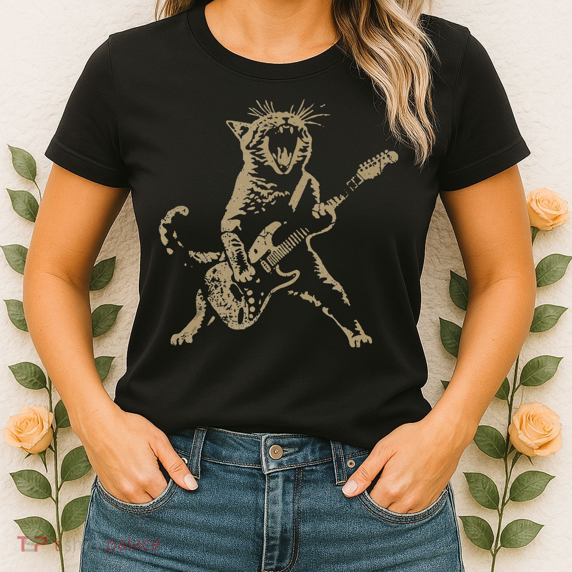 Rock Cat Playing Guitar Funny Guitar Cat Women's T-Shirt