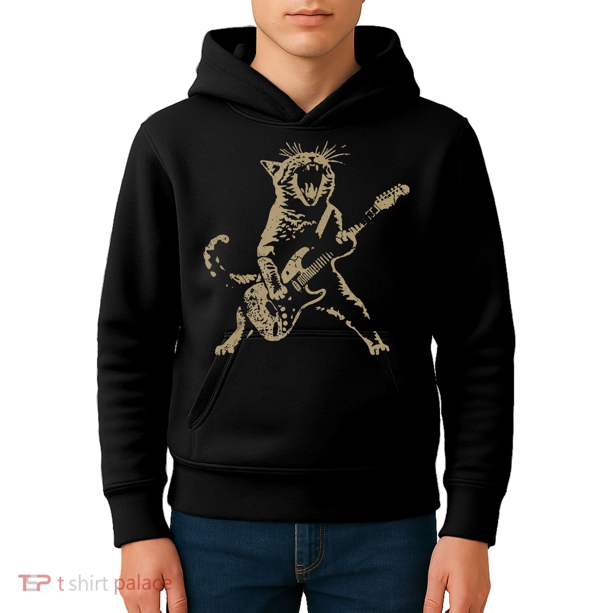 Rock Cat Playing Guitar Funny Guitar Cat Kids Hoodie
