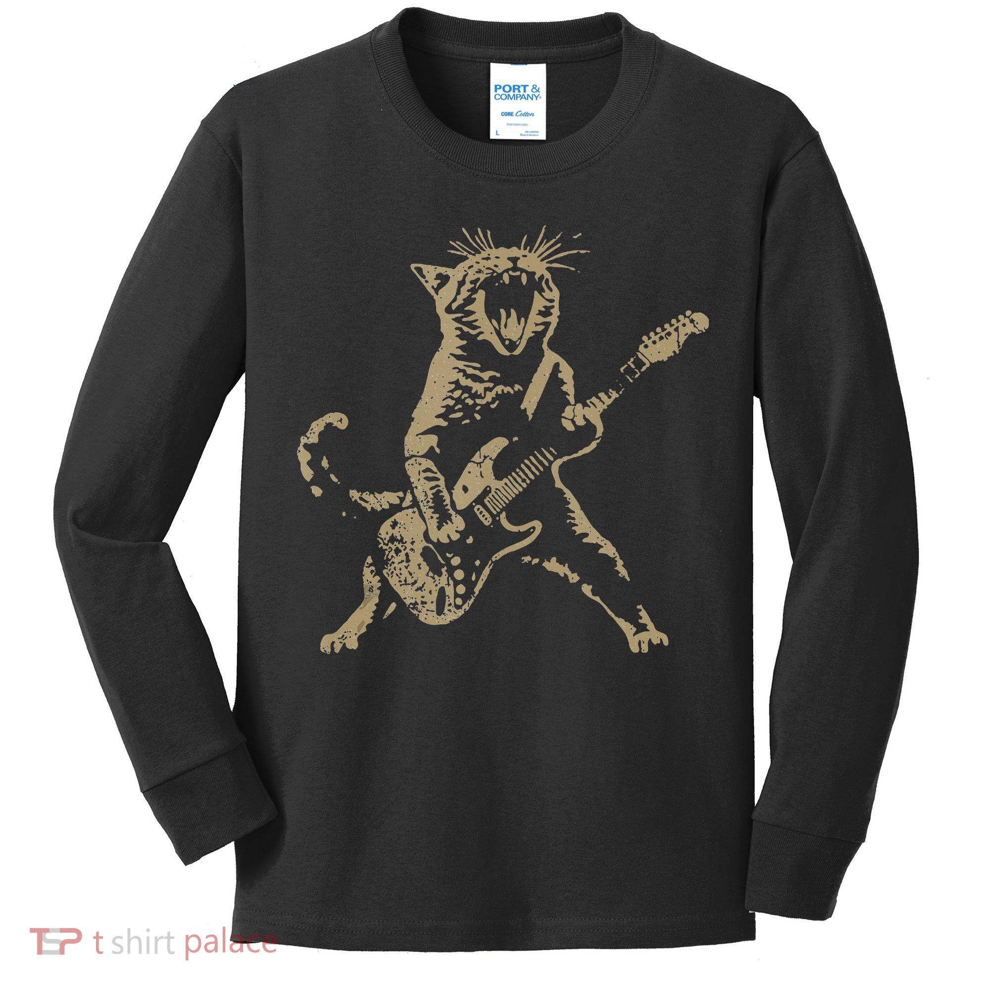 Rock Cat Playing Guitar Funny Guitar Cat Kids Long Sleeve Shirt