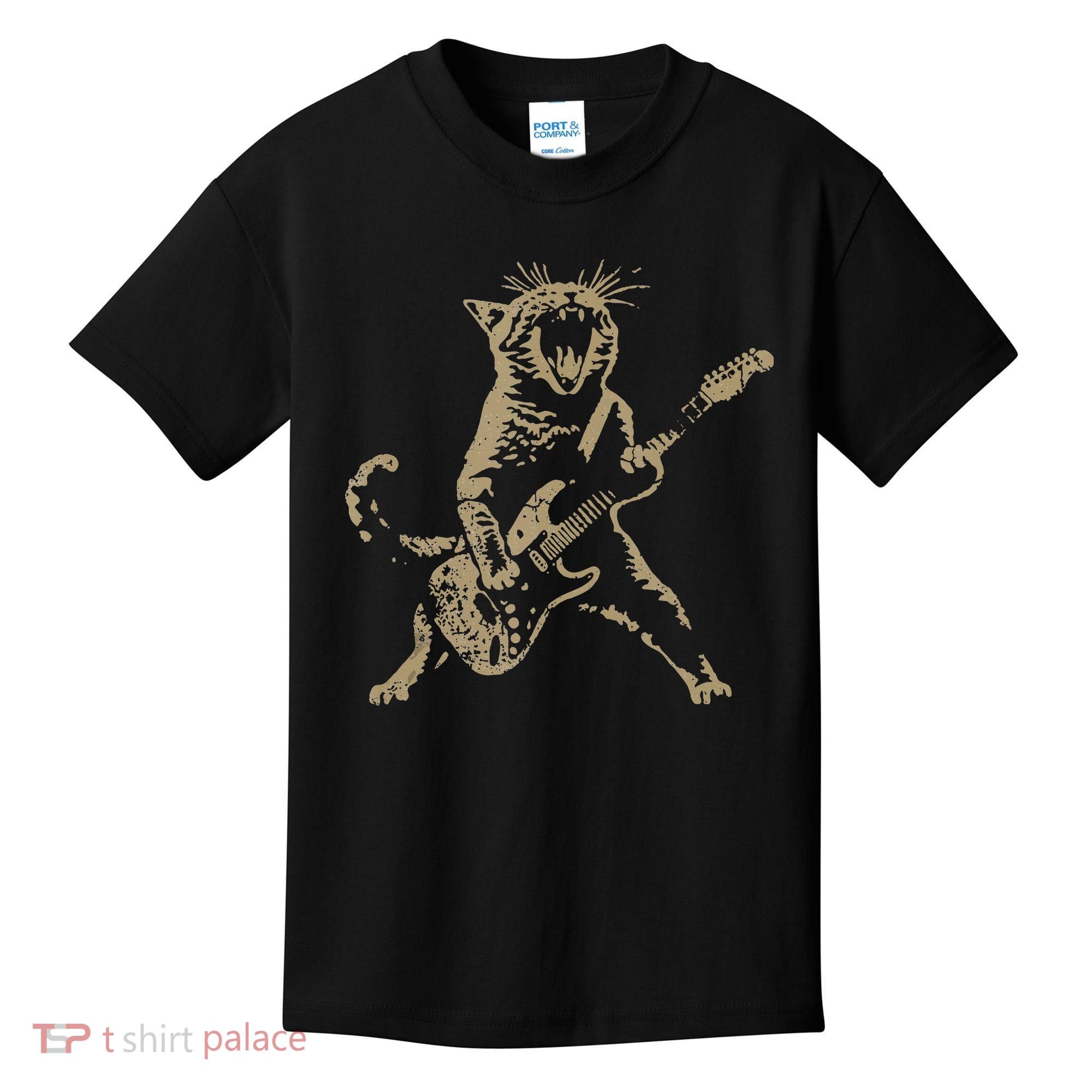 Rock Cat Playing Guitar Funny Guitar Cat Kids T-Shirt