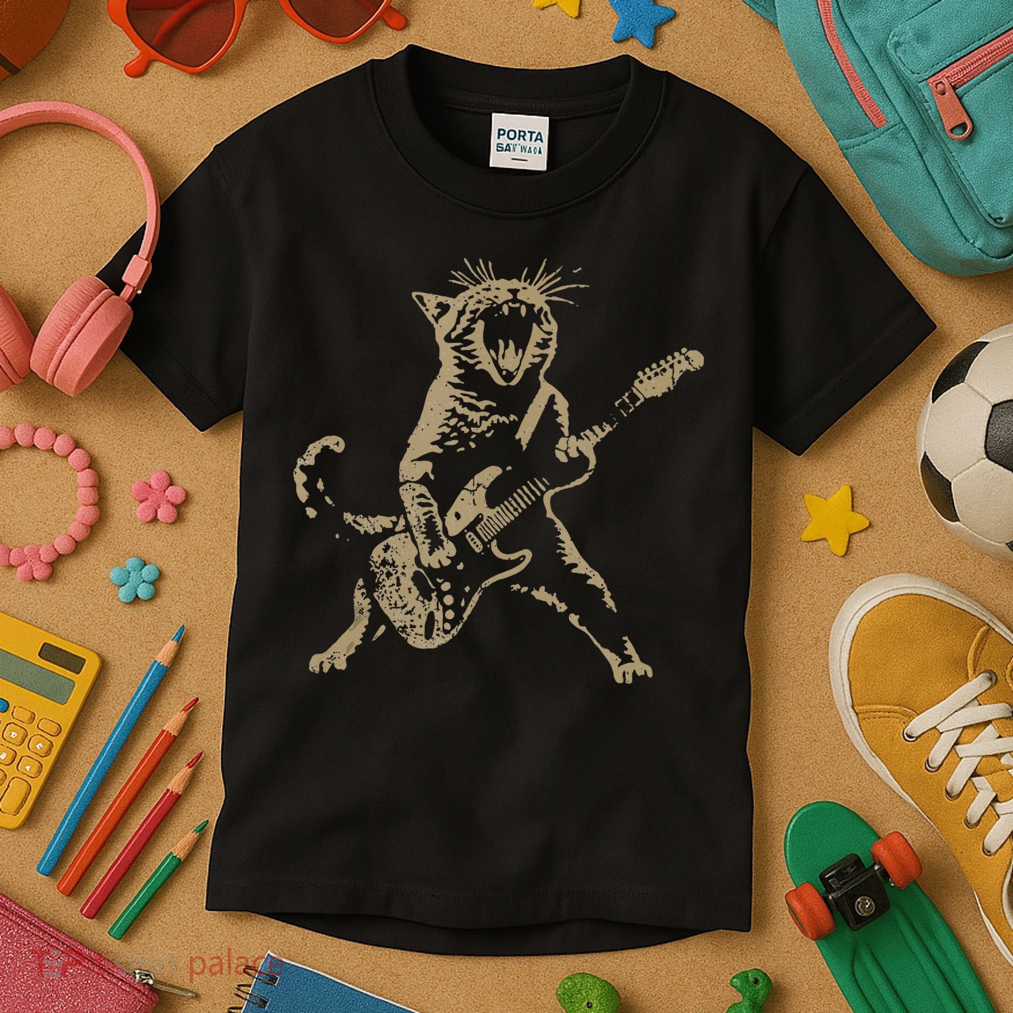 Rock Cat Playing Guitar Funny Guitar Cat Kids T-Shirt