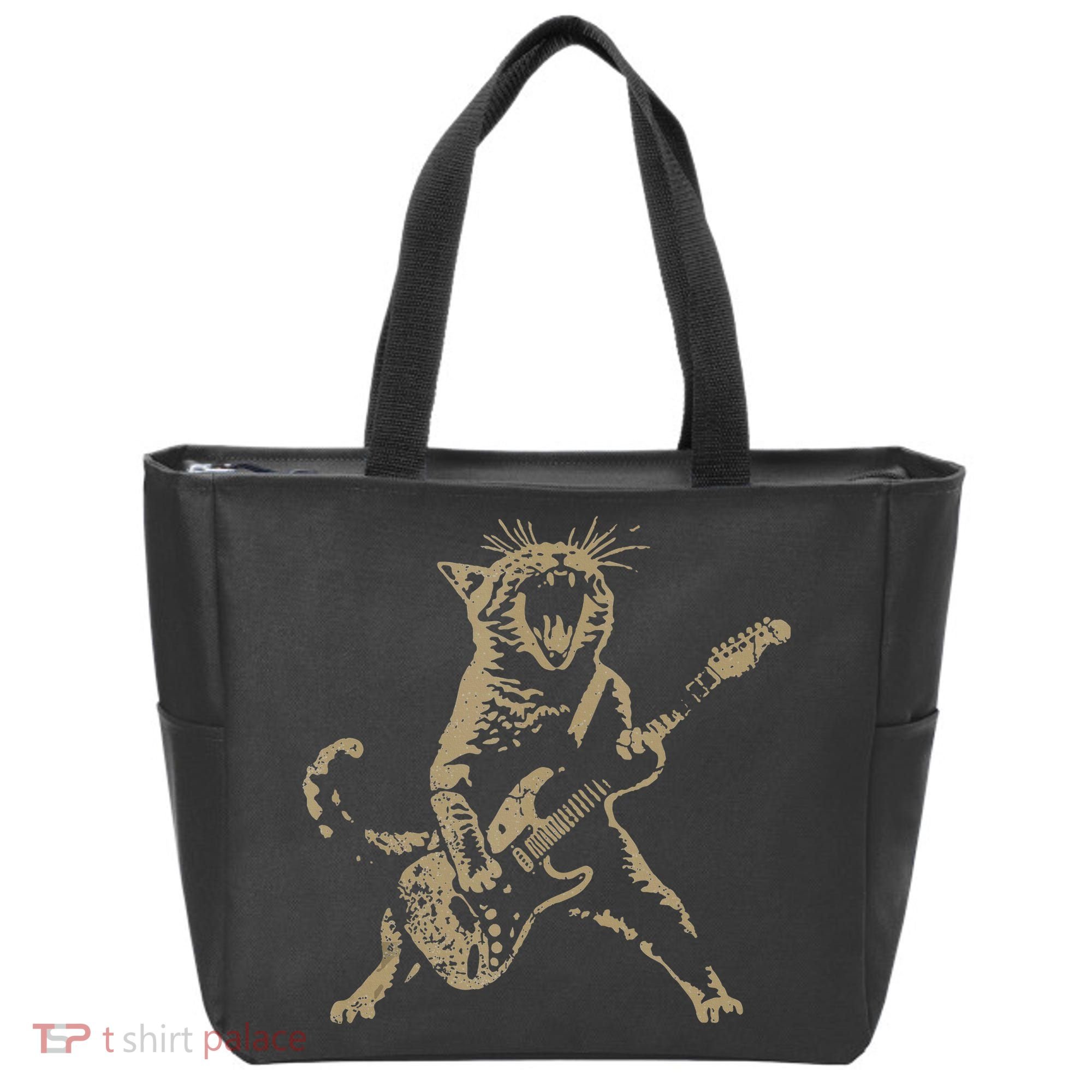 Rock Cat Playing Guitar Funny Guitar Cat Tote Bag