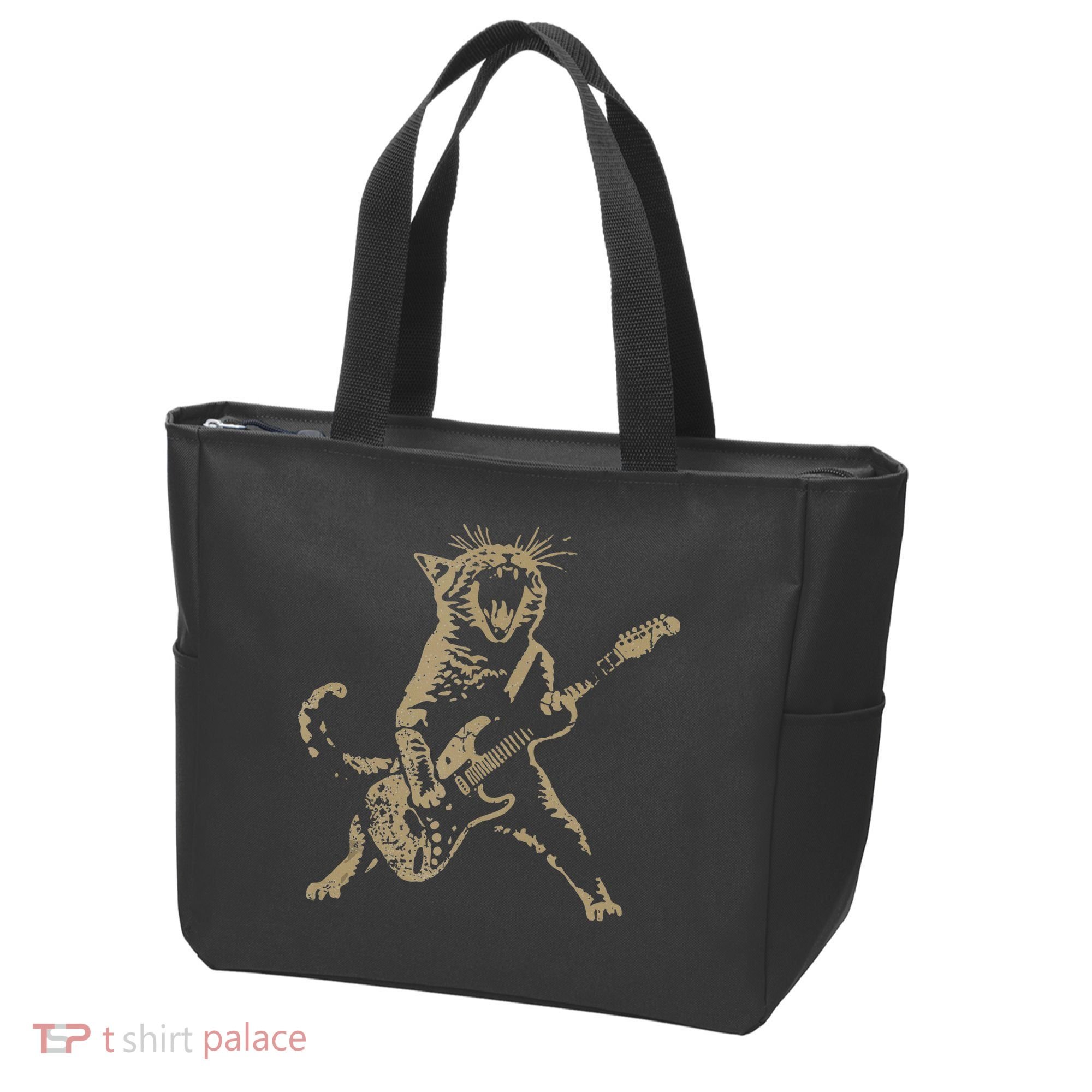 Rock Cat Playing Guitar Funny Guitar Cat Tote Bag