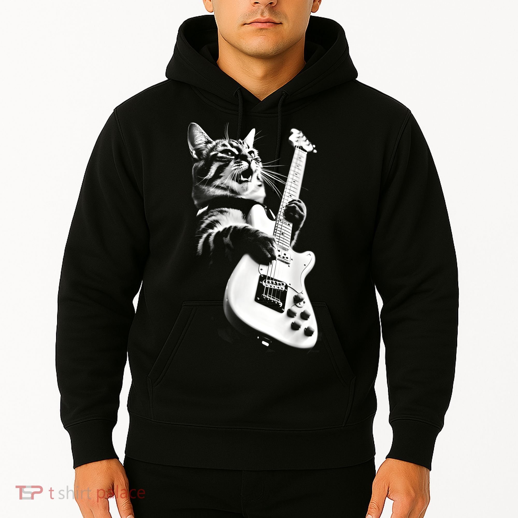 Rock Cat Playing Guitar Funny Guitar Cat Guitarist Hoodie