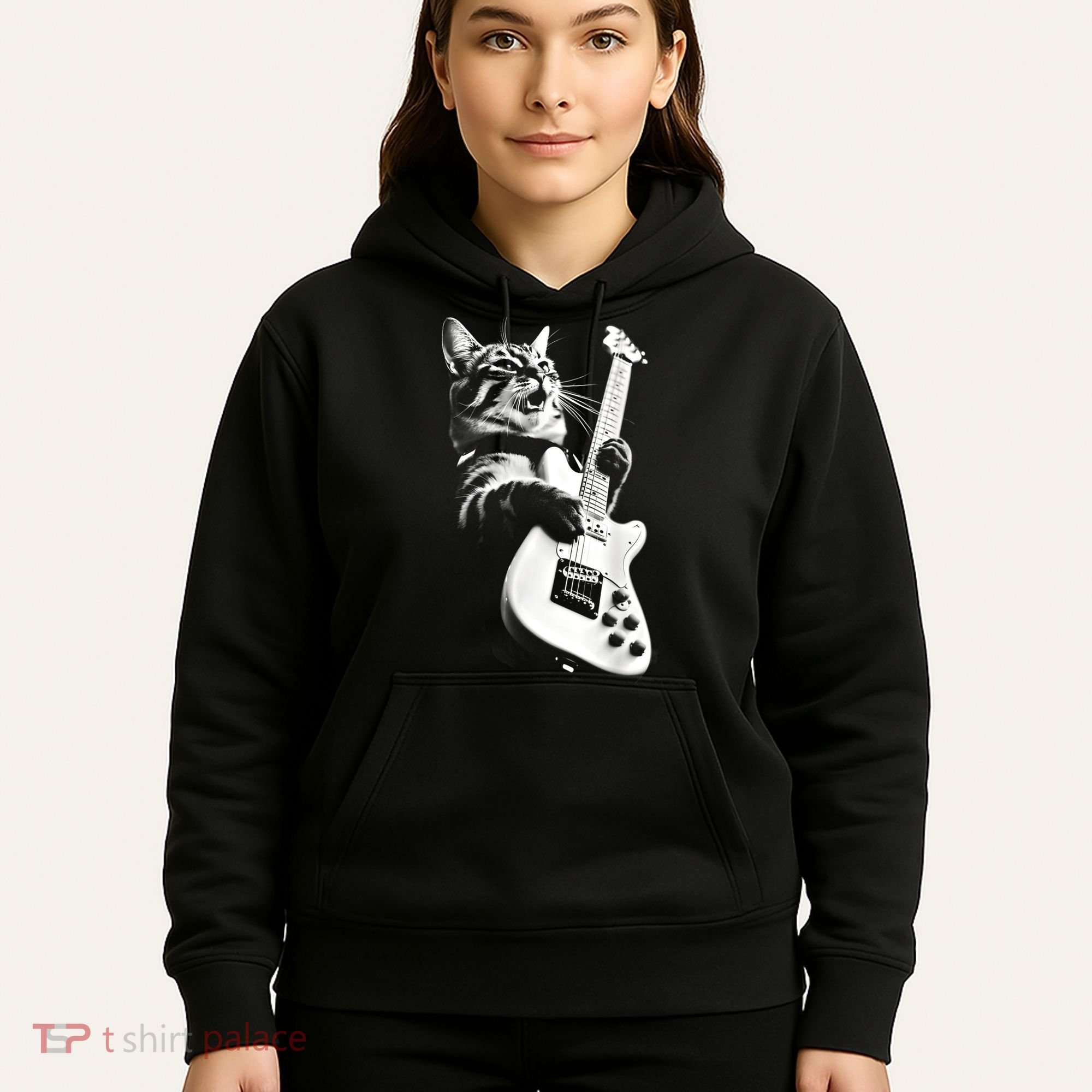 Rock Cat Playing Guitar Funny Guitar Cat Guitarist Hoodie