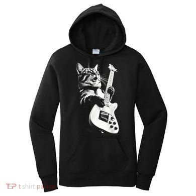 Rock Cat Playing Guitar Funny Guitar Cat Guitarist Women's Hoodie