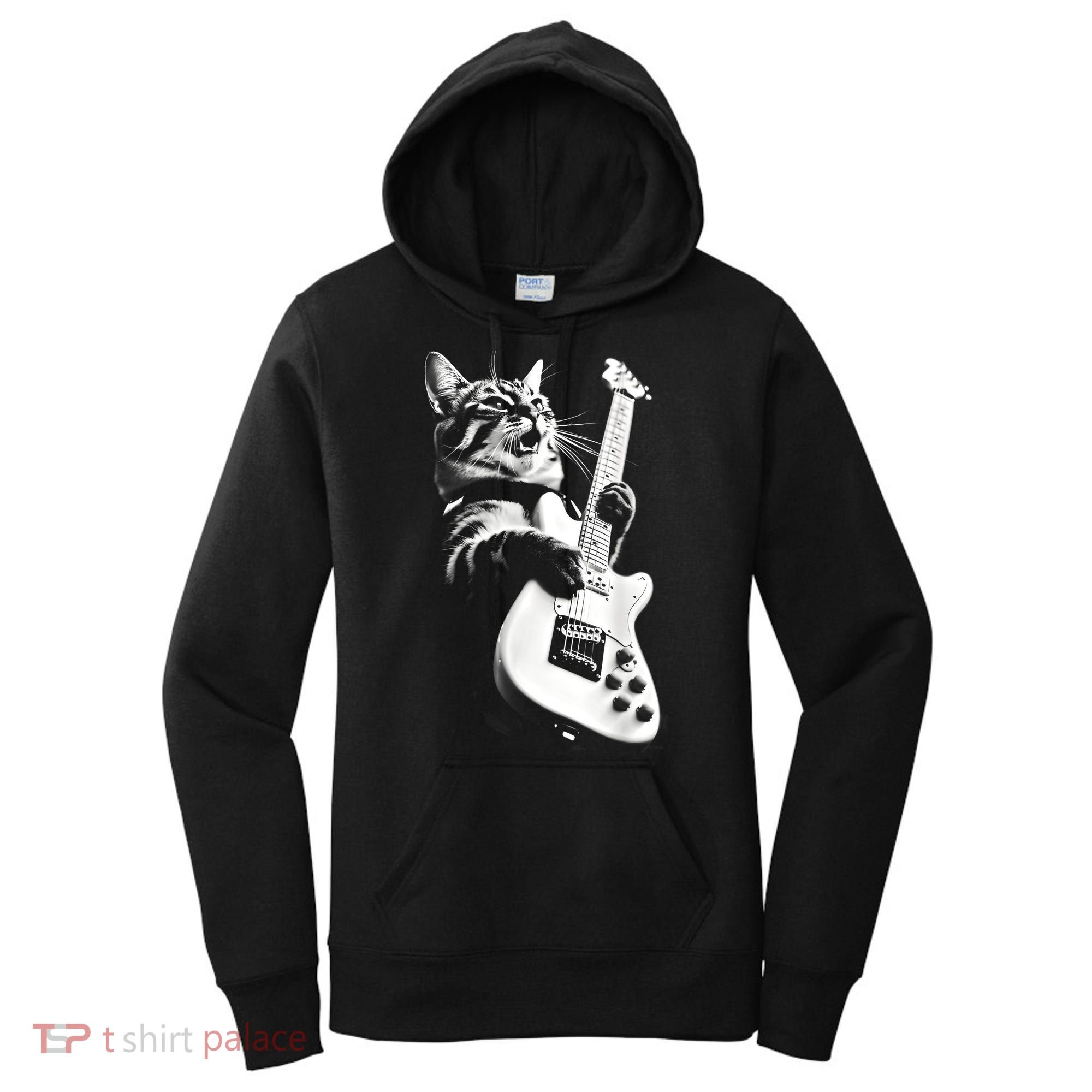 Rock Cat Playing Guitar Funny Guitar Cat Guitarist Women's Hoodie