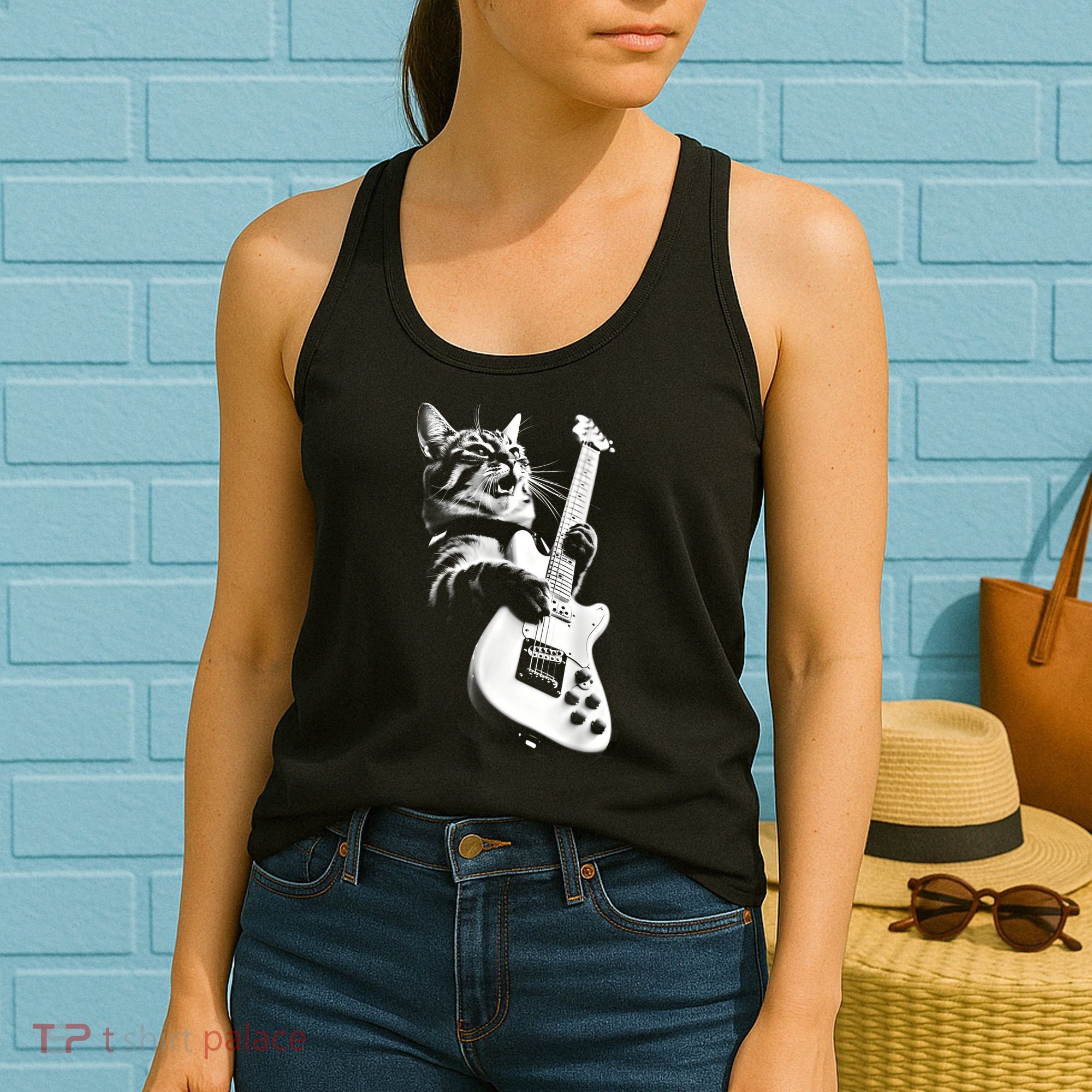 Rock Cat Playing Guitar Funny Guitar Cat Guitarist Women's Tank Top