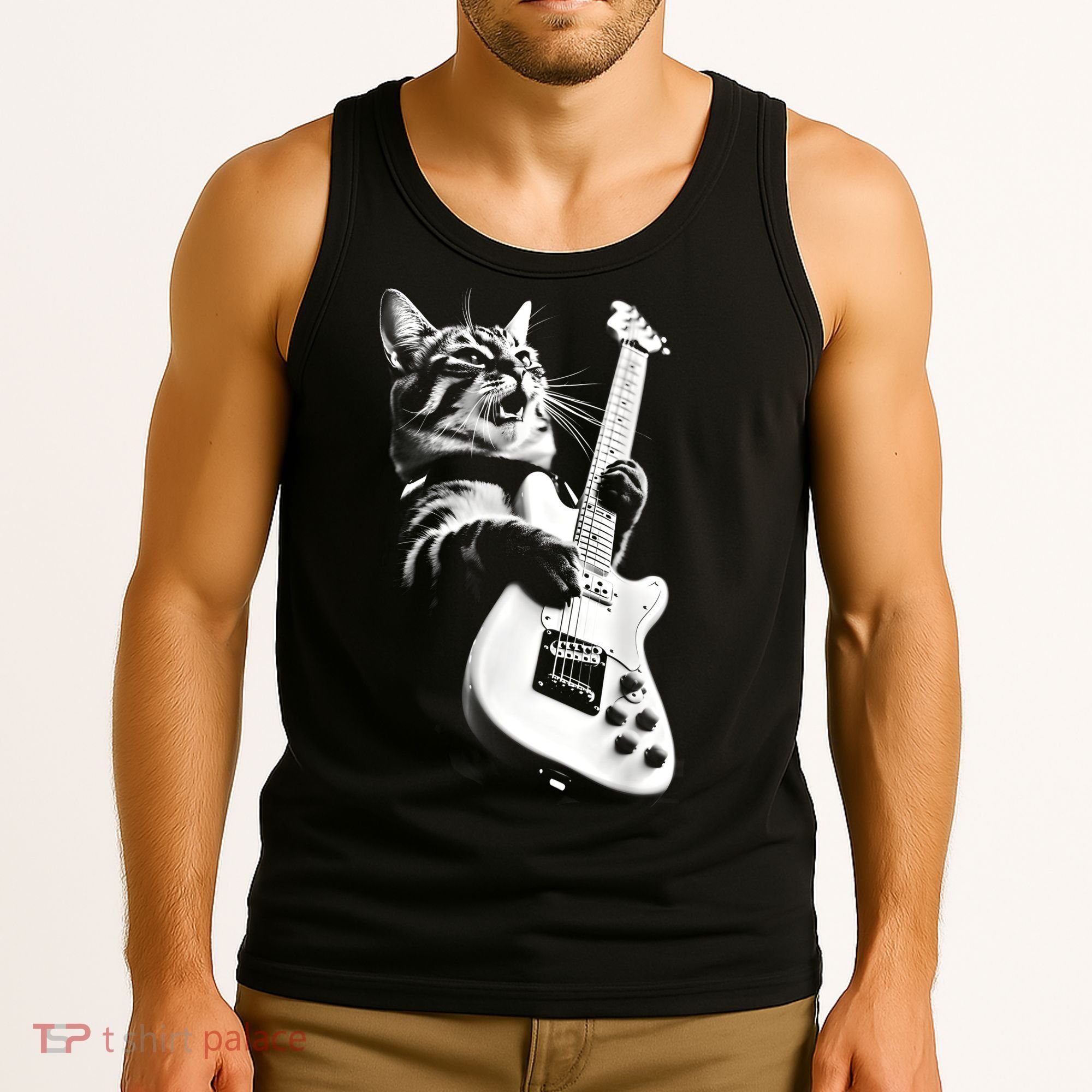 Rock Cat Playing Guitar Funny Guitar Cat Guitarist Tank Top