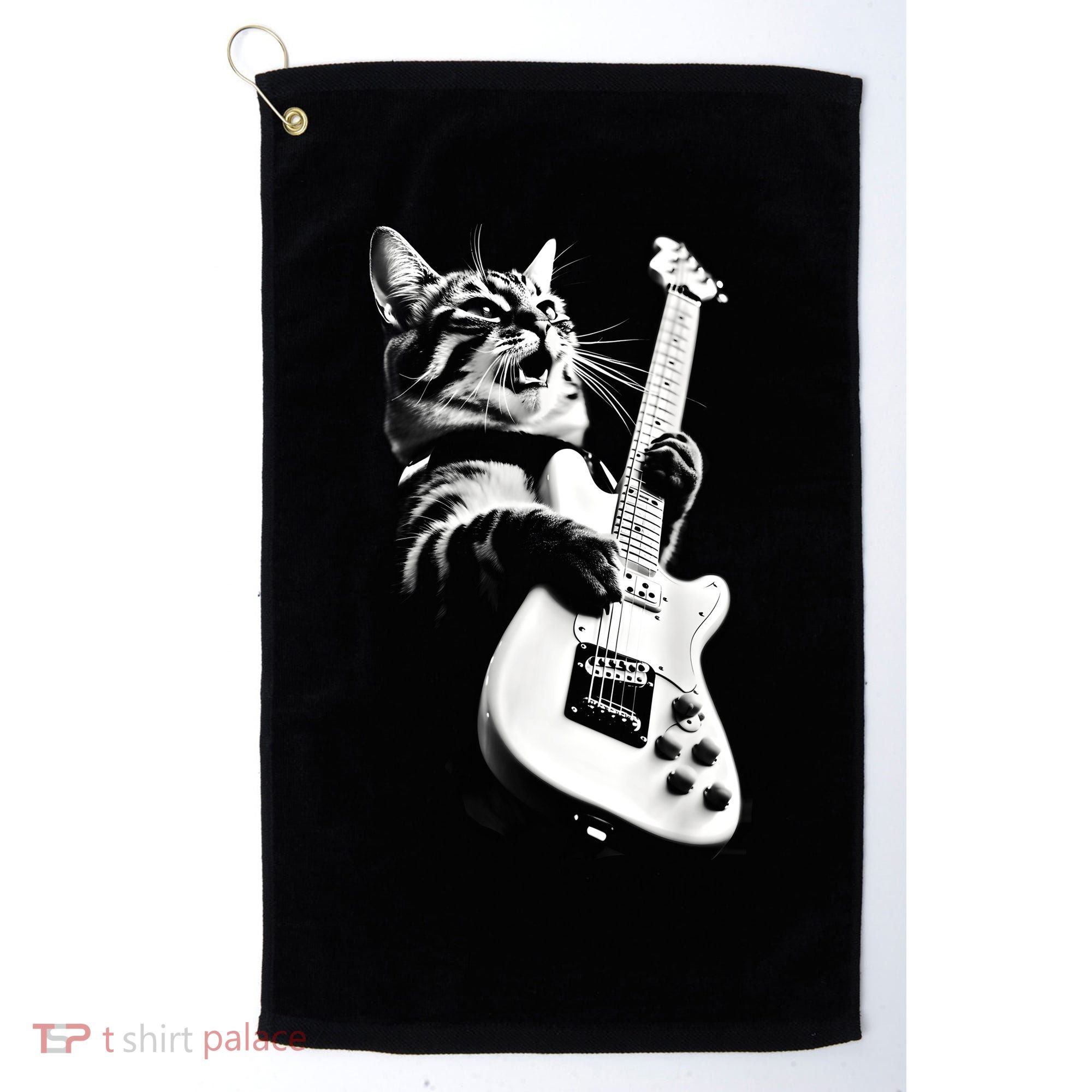 Rock Cat Playing Guitar Funny Guitar Cat Guitarist Golf Towel