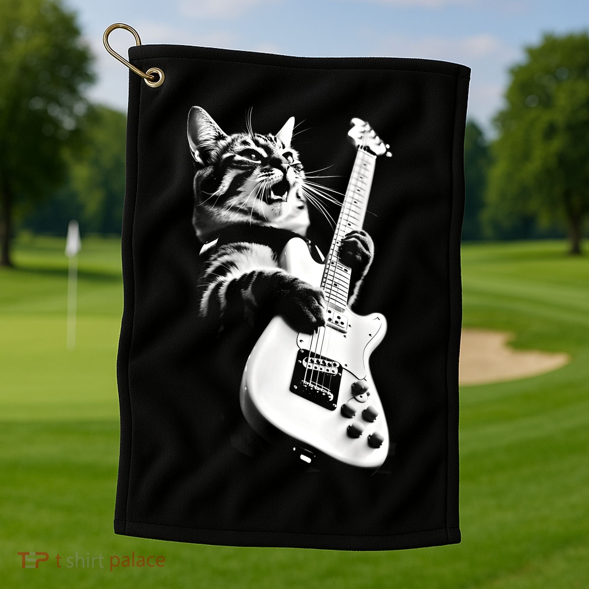 Rock Cat Playing Guitar Funny Guitar Cat Guitarist Golf Towel