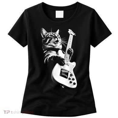 Rock Cat Playing Guitar Funny Guitar Cat Guitarist Women's T-Shirt