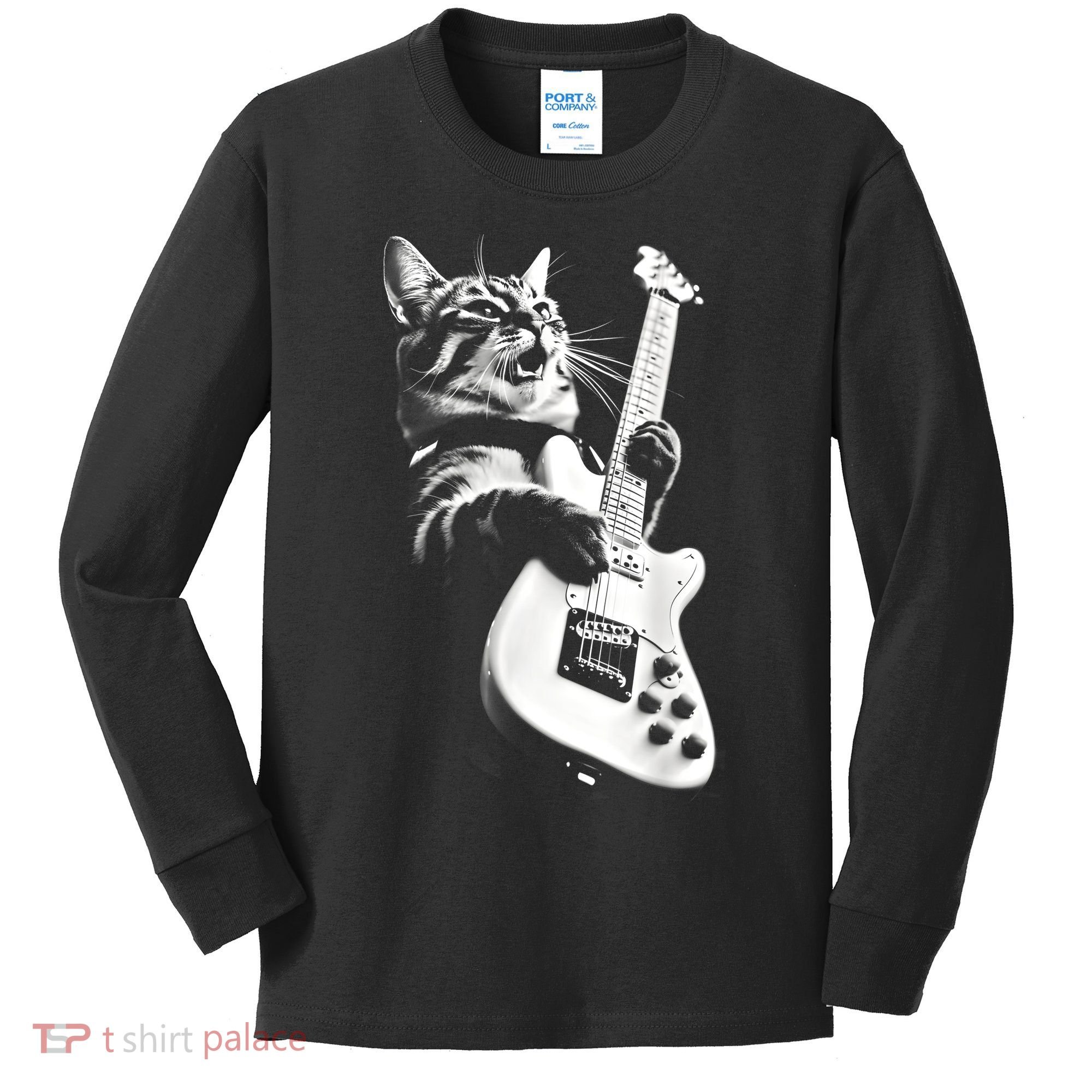Rock Cat Playing Guitar Funny Guitar Cat Guitarist Kids Long Sleeve Shirt