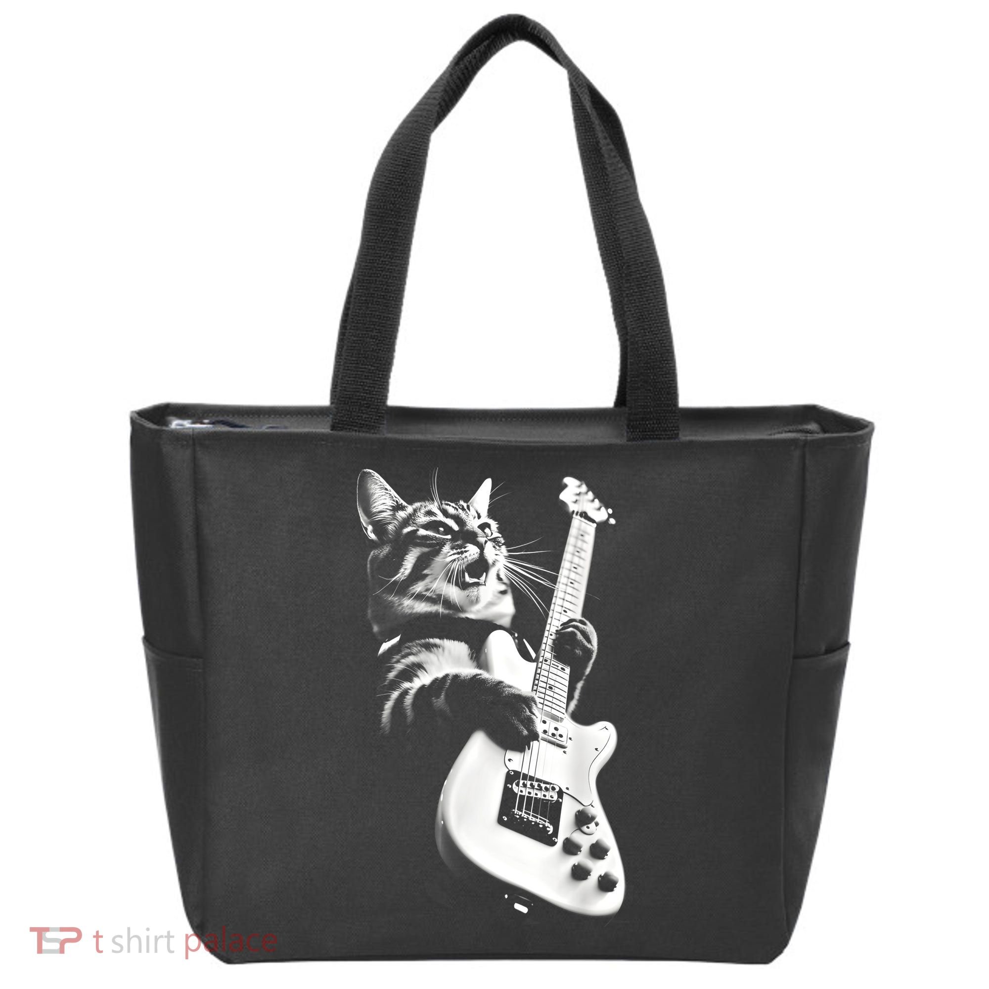 Rock Cat Playing Guitar Funny Guitar Cat Guitarist Tote Bag