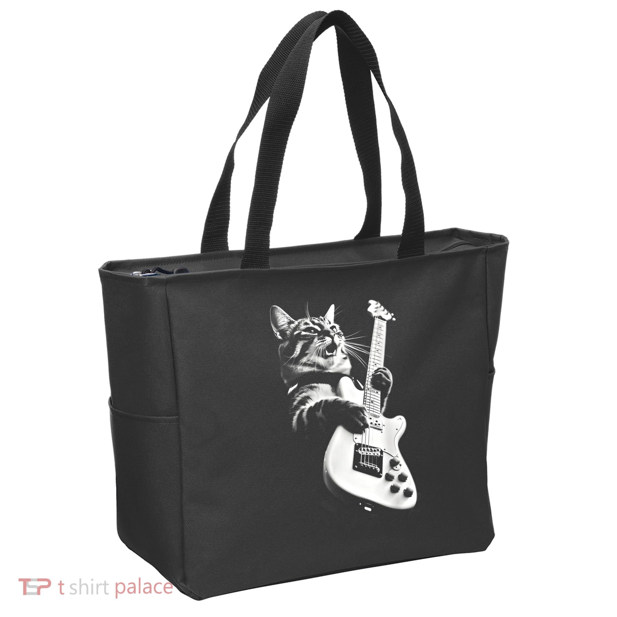 Rock Cat Playing Guitar Funny Guitar Cat Guitarist Tote Bag