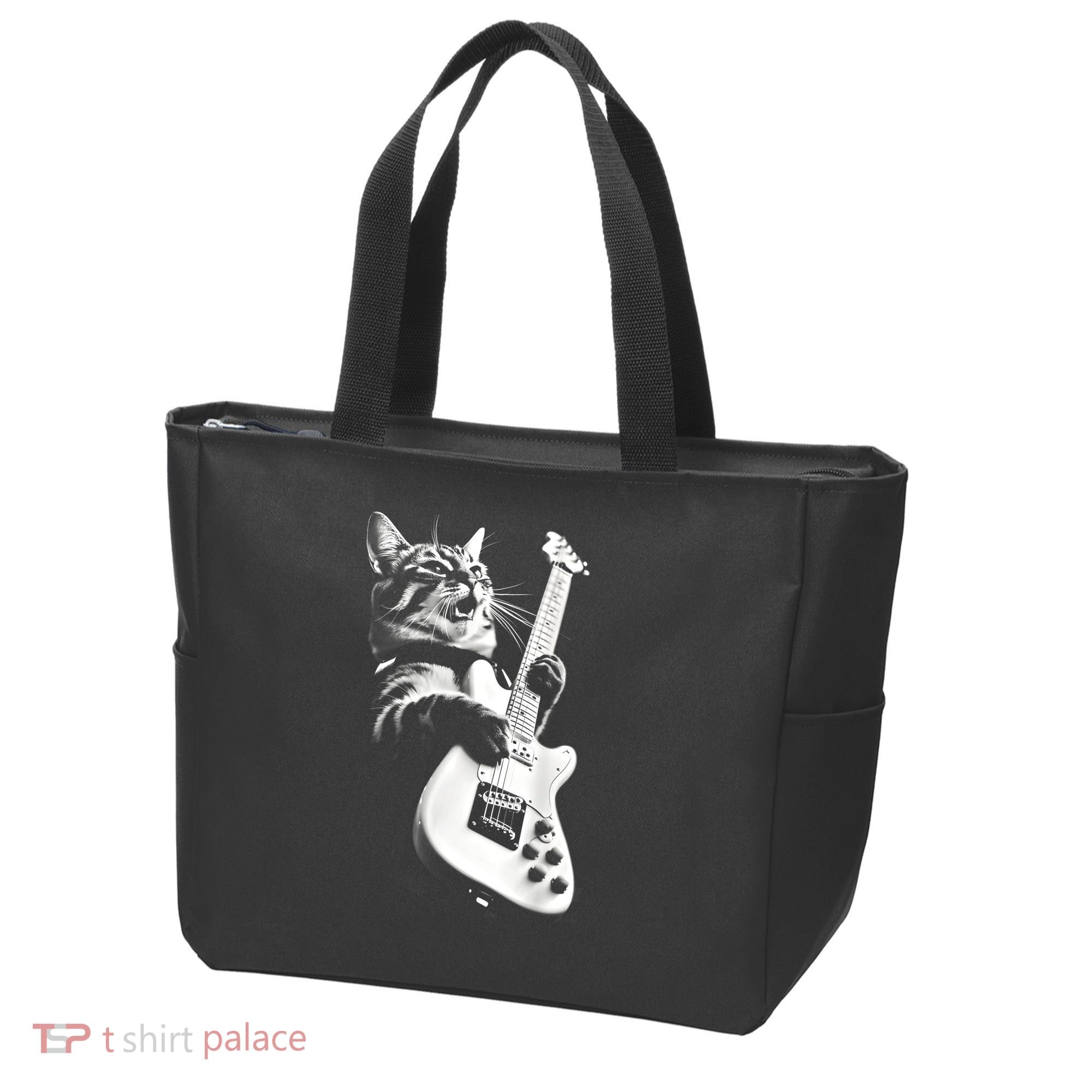 Rock Cat Playing Guitar Funny Guitar Cat Guitarist Tote Bag