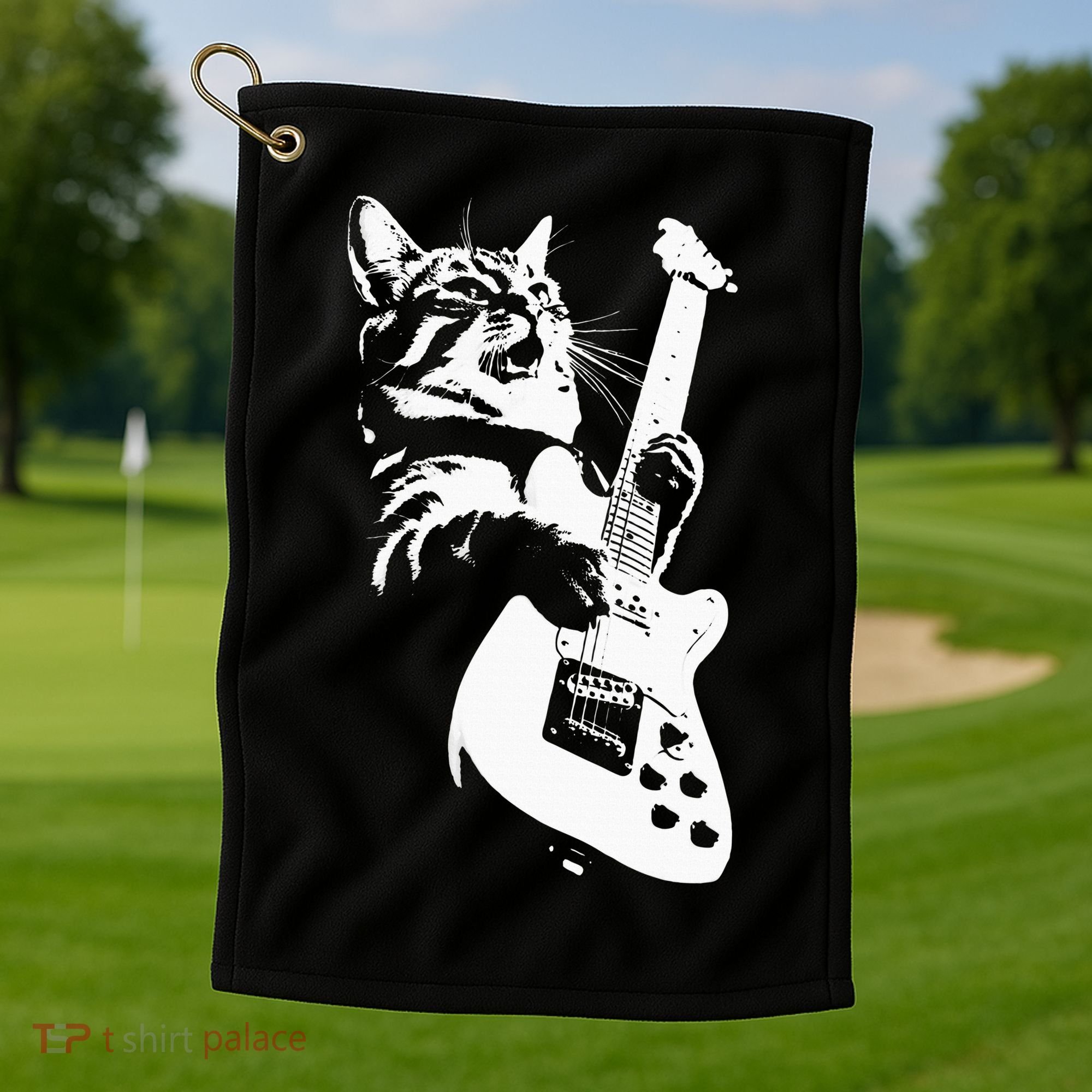 Rock Cat Playing Guitar Funny Guitar Cat Golf Towel