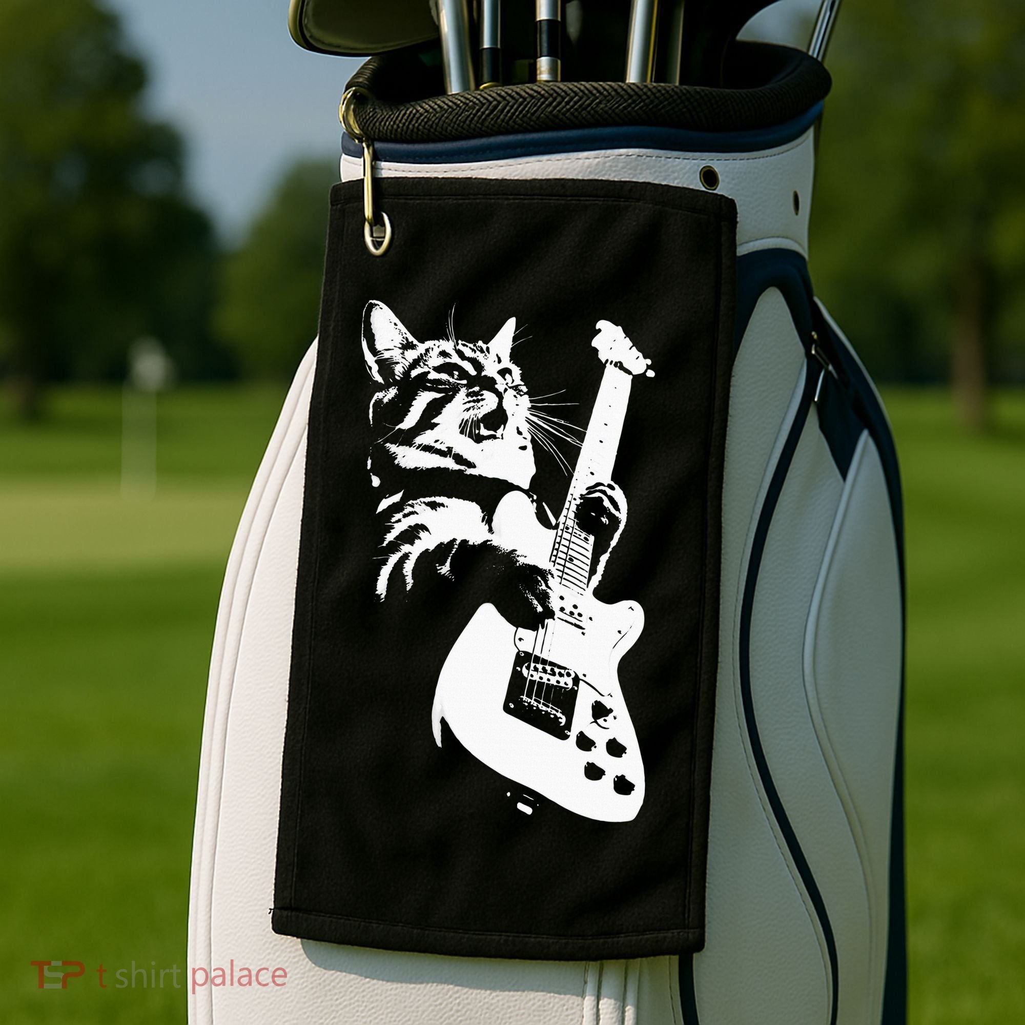 Rock Cat Playing Guitar Funny Guitar Cat Golf Towel
