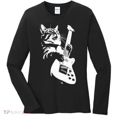 Rock Cat Playing Guitar Funny Guitar Cat Women's Long Sleeve Shirt