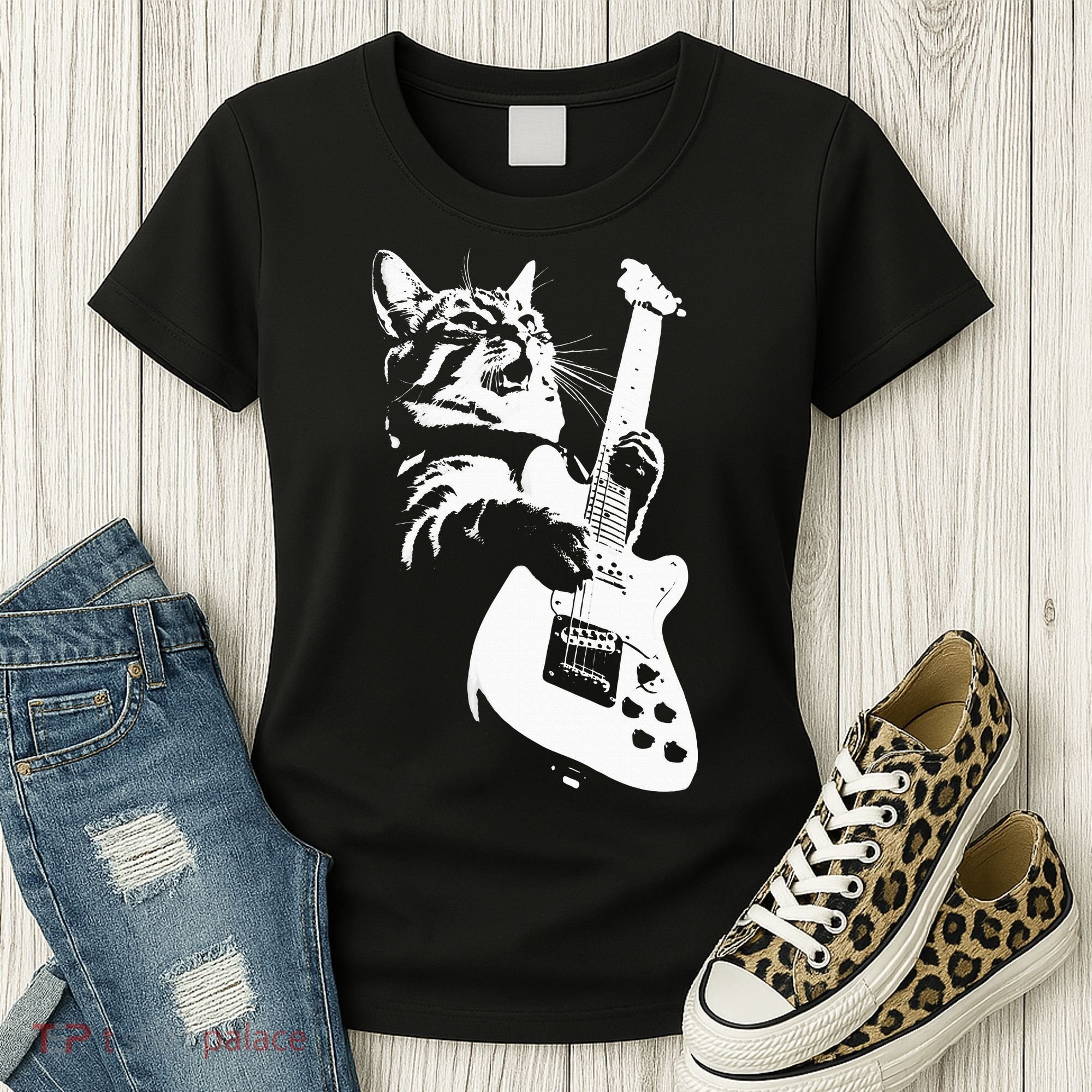 Rock Cat Playing Guitar Funny Guitar Cat Women's T-Shirt