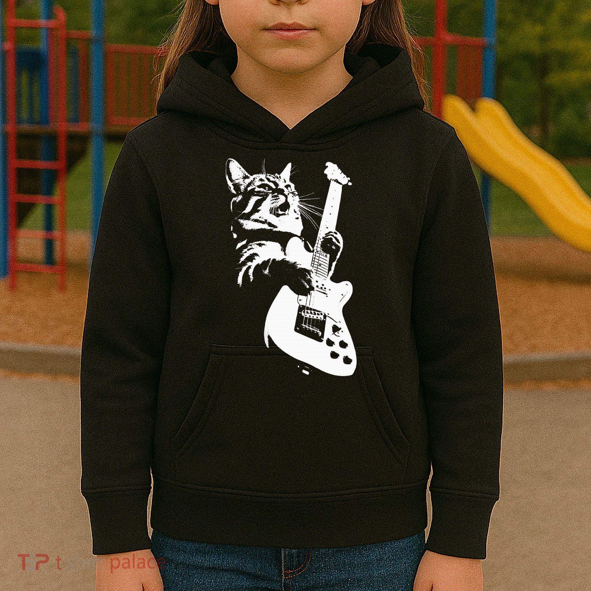 Rock Cat Playing Guitar Funny Guitar Cat Kids Hoodie