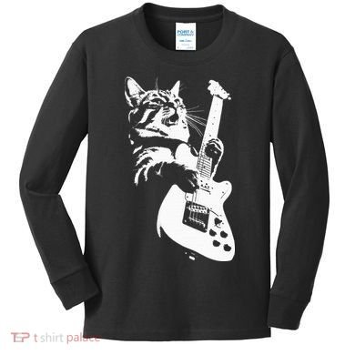 Rock Cat Playing Guitar Funny Guitar Cat Kids Long Sleeve Shirt